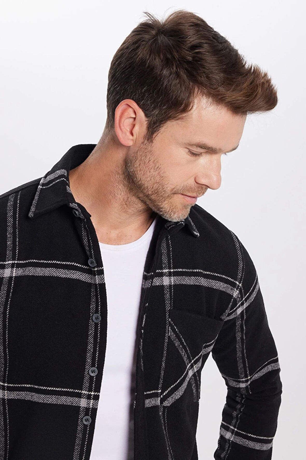 Erkek Slim Fit Dar Kesim Uzun Kollu Kareli Tek Cepli Kışlık Oduncu Gömlek