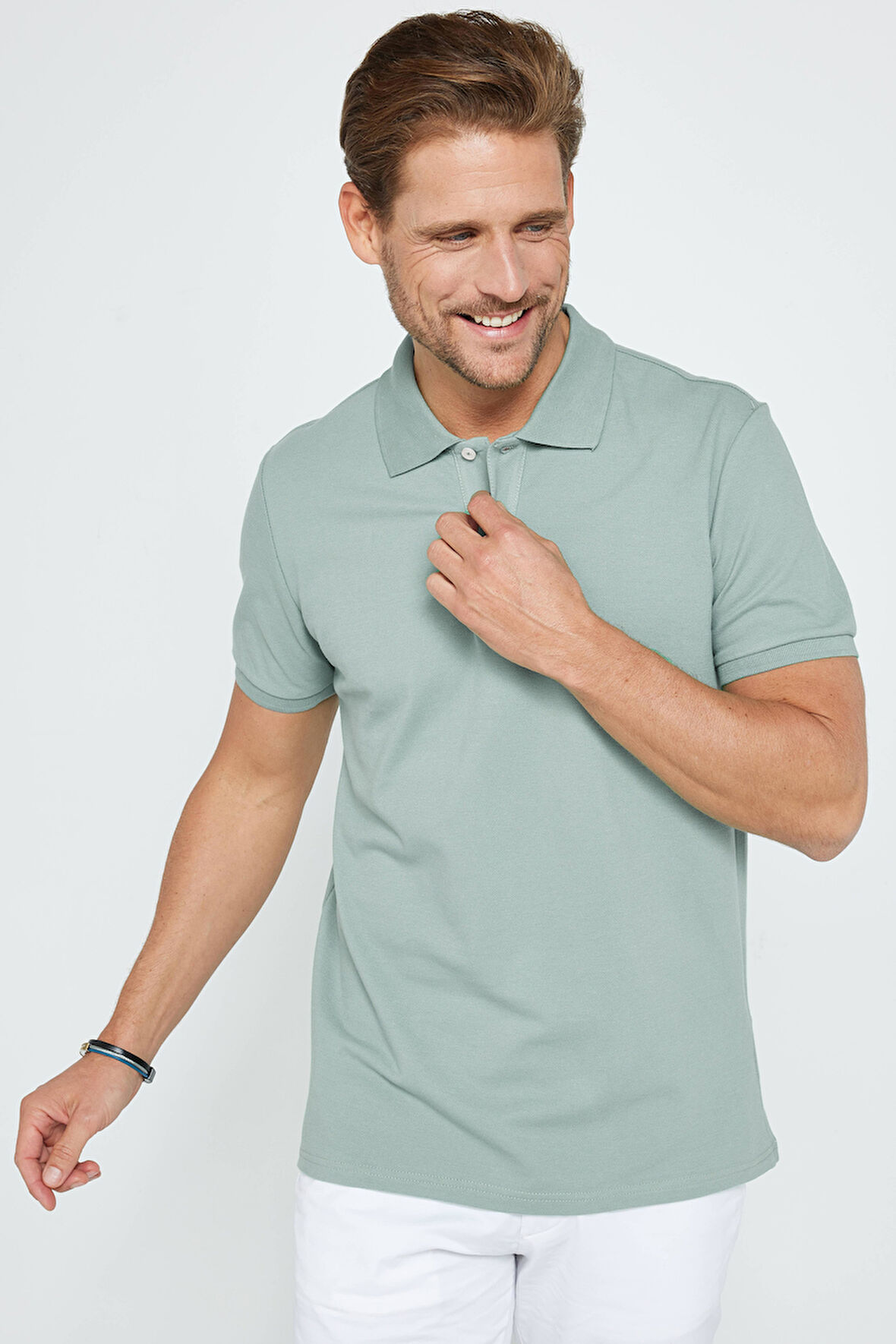 Erkek Slim Fit Dar Kesim %100 Pamuk Düz Pike Mint Polo Yaka Tişört