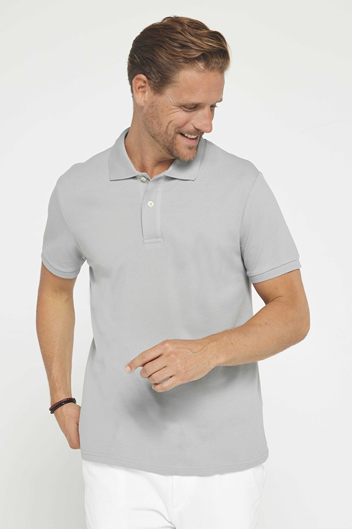 Erkek Slim Fit Dar Kesim %100 Pamuk Düz Pike Gri Polo Yaka Tişört