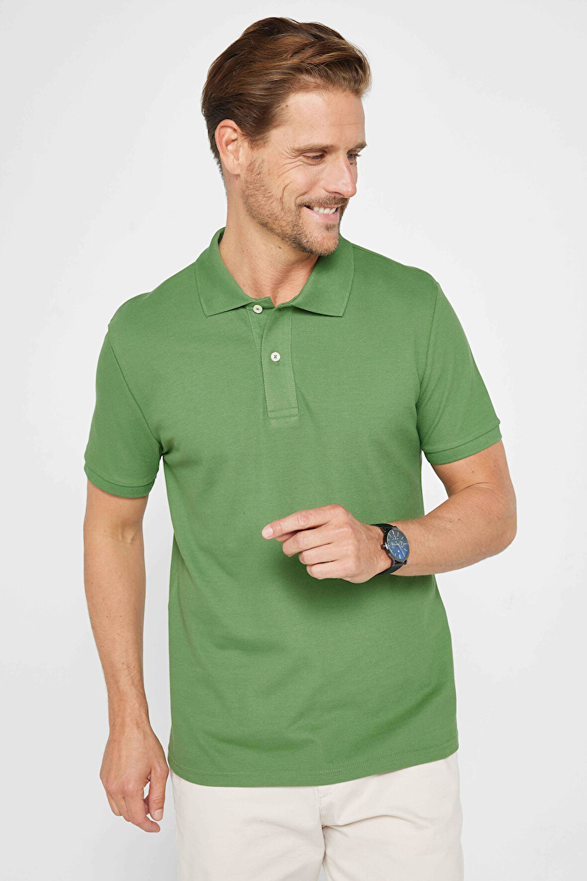 Erkek Slim Fit Dar Kesim %100 Pamuk Düz Pike Yeşil Polo Yaka Tişört