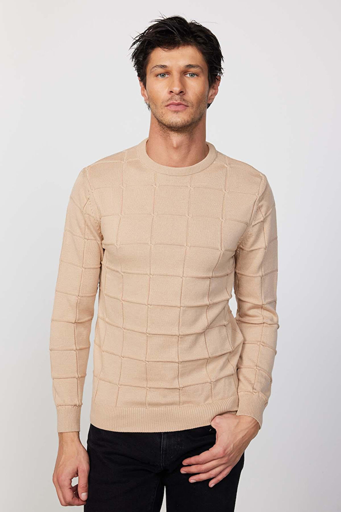 Erkek Slim Fit Bisiklet Yaka Kare Desenli Taş Erkek Triko Kazak
