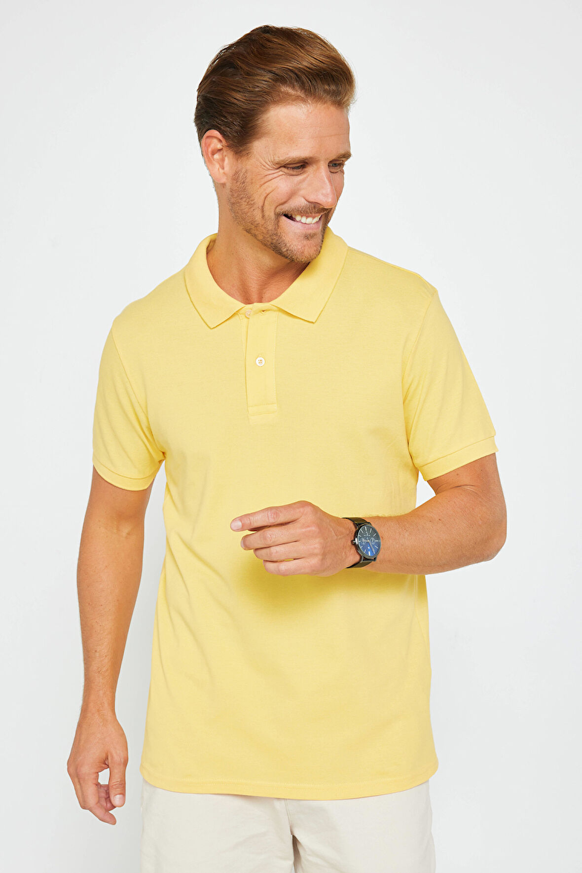 Erkek Slim Fit Dar Kesim %100 Pamuk Düz Pike Sarı Polo Yaka Tişört