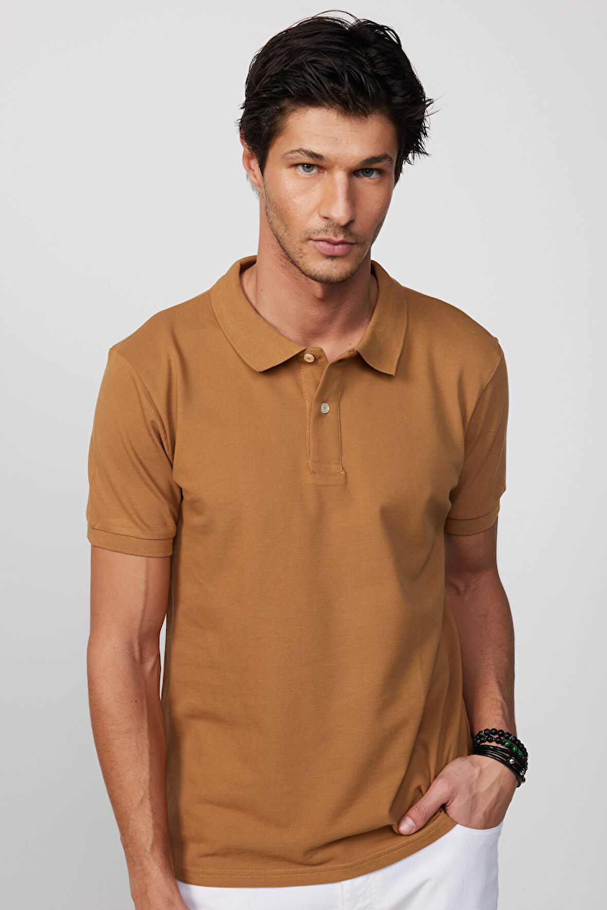 Erkek Slim Fit Dar Kesim %100 Pamuk Düz Pike Kahverengi Polo Yaka Tişört