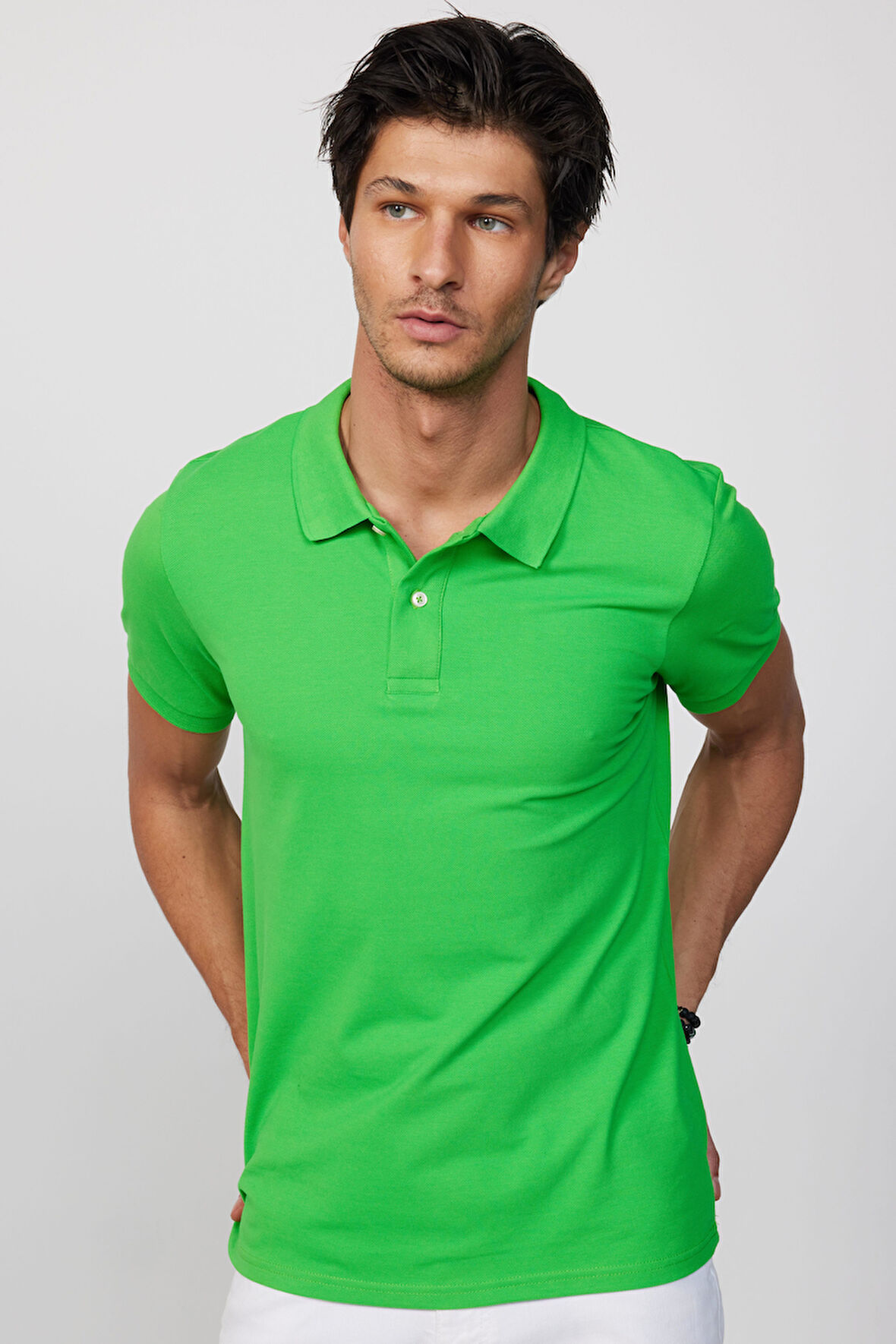 Erkek Slim Fit Dar Kesim %100 Pamuk Düz Pike Yeşil Polo Yaka Tişört