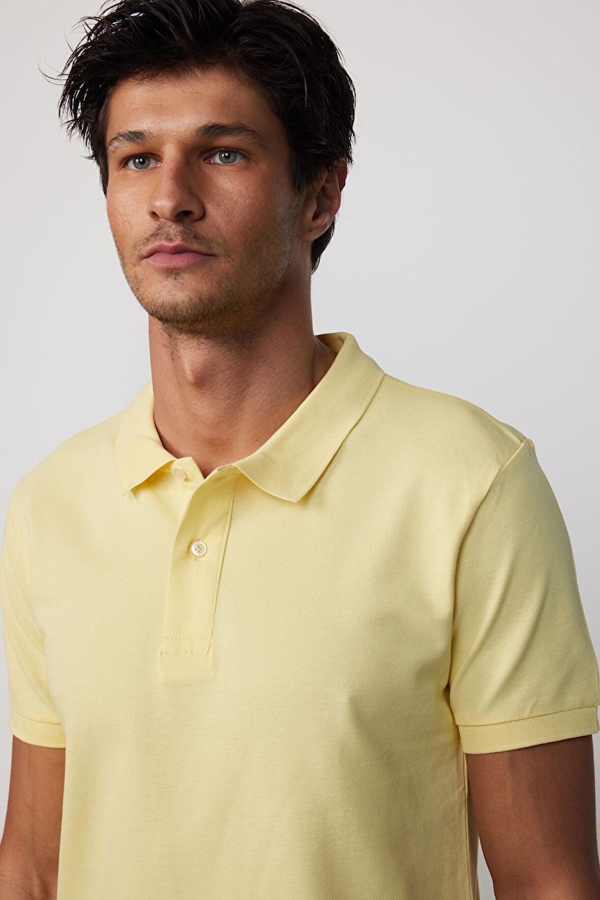 Erkek Slim Fit Dar Kesim %100 Pamuk Düz Pike Sarı Polo Yaka Tişört