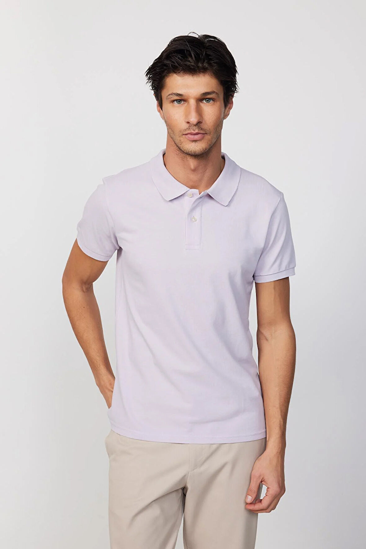 Erkek Slim Fit Dar Kesim %100 Pamuk Düz Pike Lila Polo Yaka Tişört