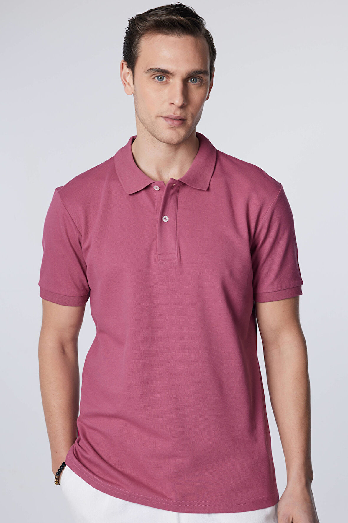 Erkek Slim Fit Dar Kesim %100 Pamuk Düz Pike Mor Polo Yaka Tişört