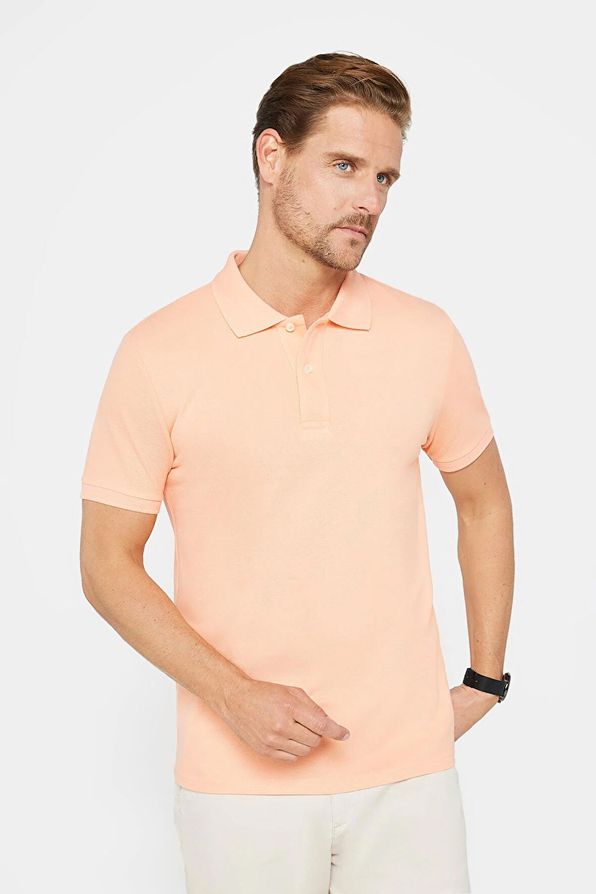 Erkek Slim Fit Dar Kesim %100 Pamuk Düz Pike Somon Renk Polo Yaka Tişört