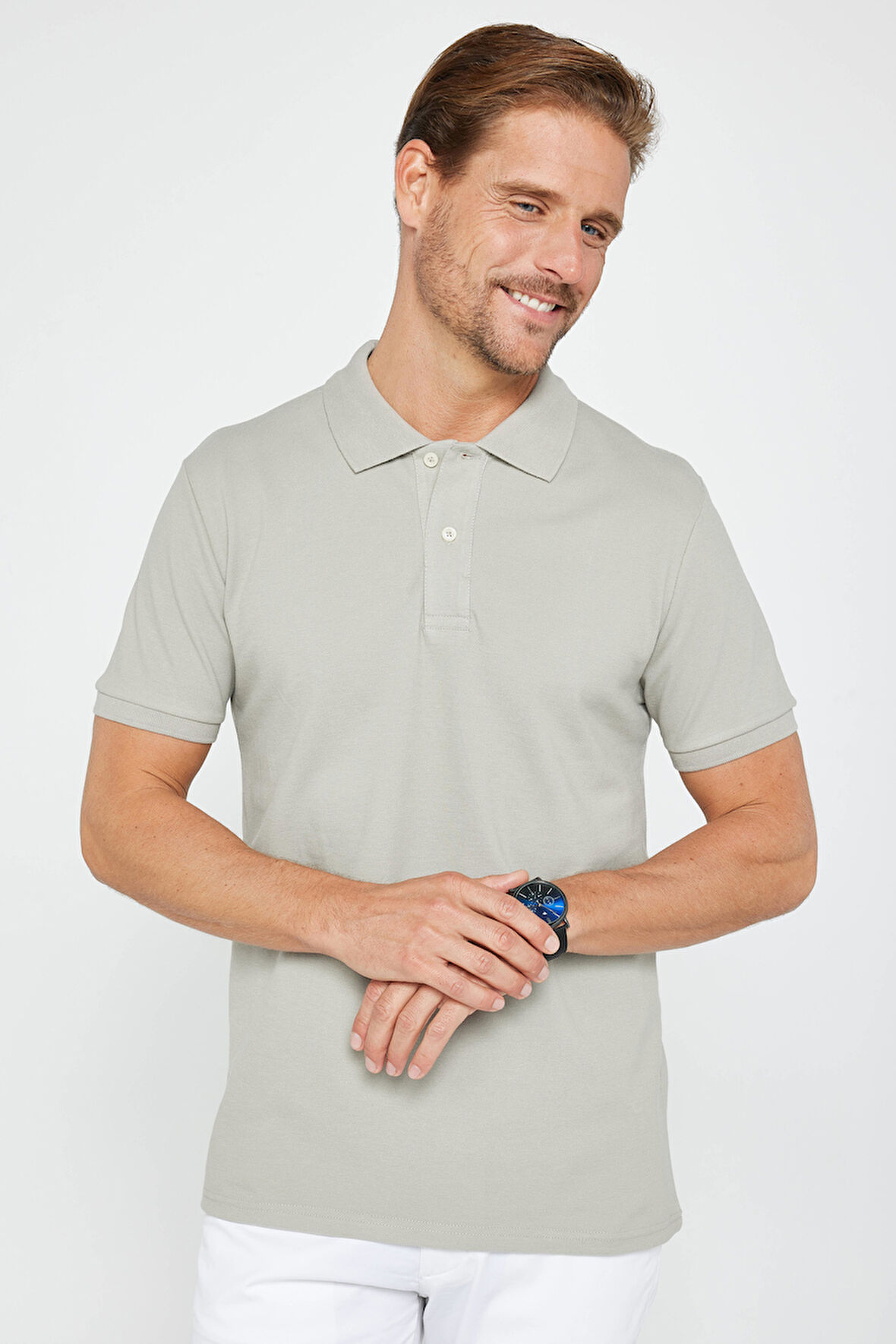 Erkek Slim Fit Dar Kesim %100 Pamuk Düz Pike Gri Polo Yaka Tişört