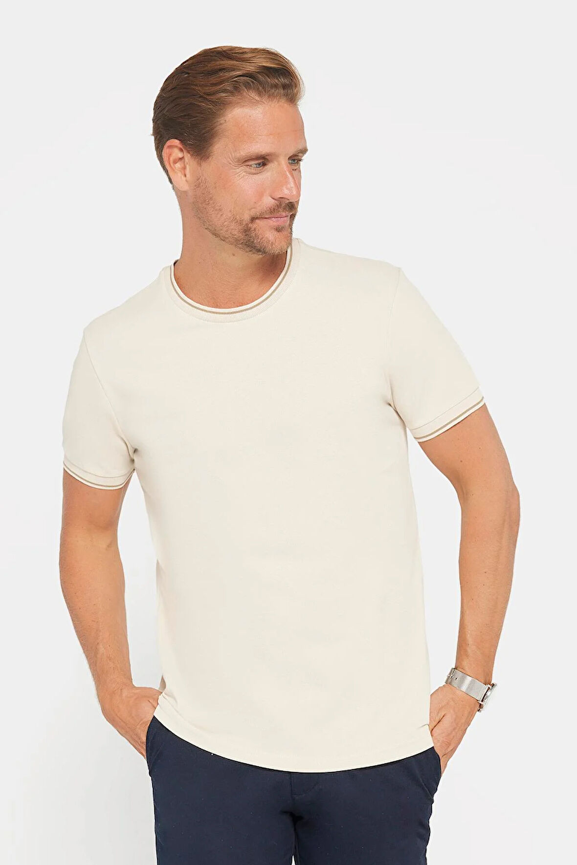 Erkek Slim Fit Dar Kesim %100 Pamuk Düz Pike Taş Rengi Bisiklet Yaka Tişört