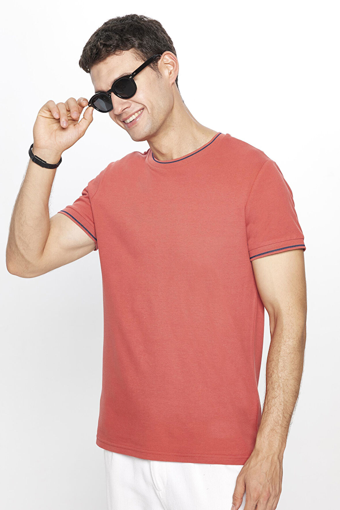 Erkek Slim Fit Dar Kesim %100 Pamuk Düz Pike Kiremit Bisiklet Yaka Tişört