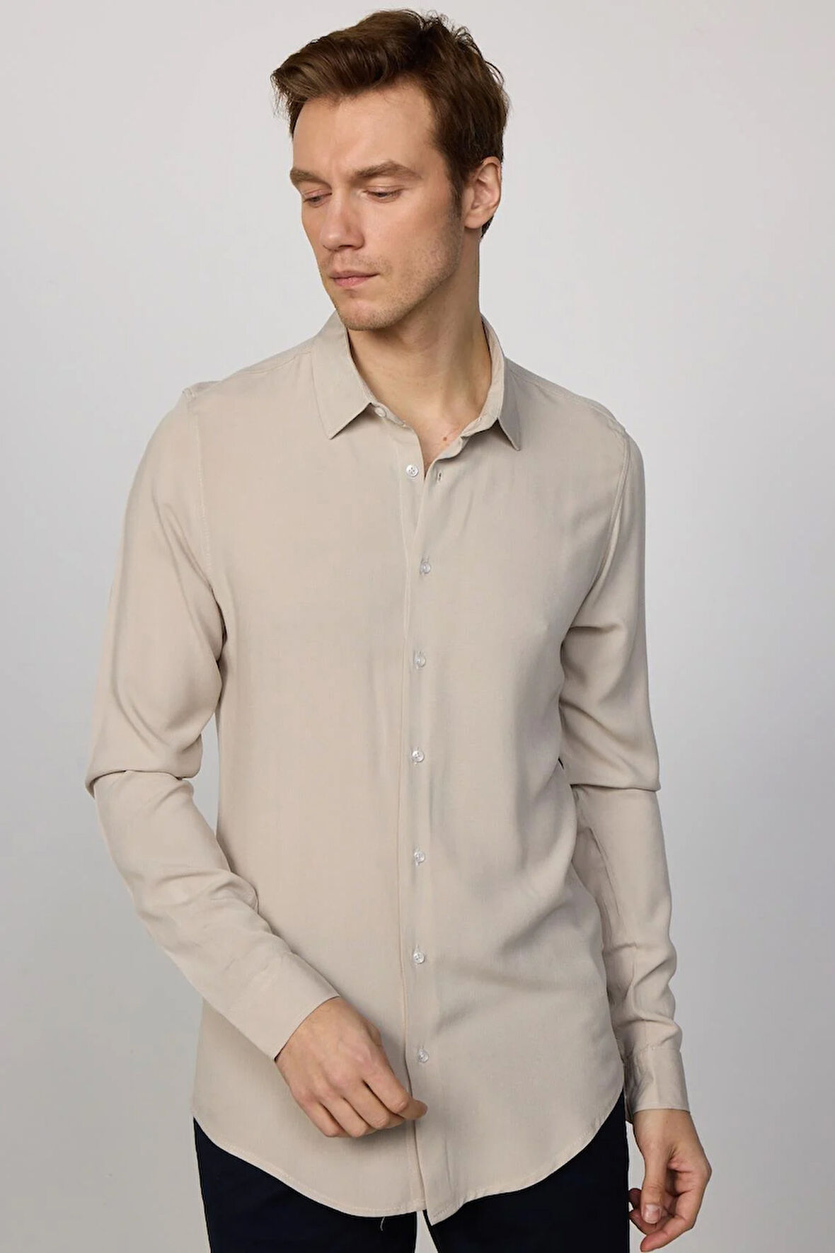 Slim Fit Uzun Kollu Dar Kesim Dökümlü Viskon Şık Taş Rengi Erkek Gömlek