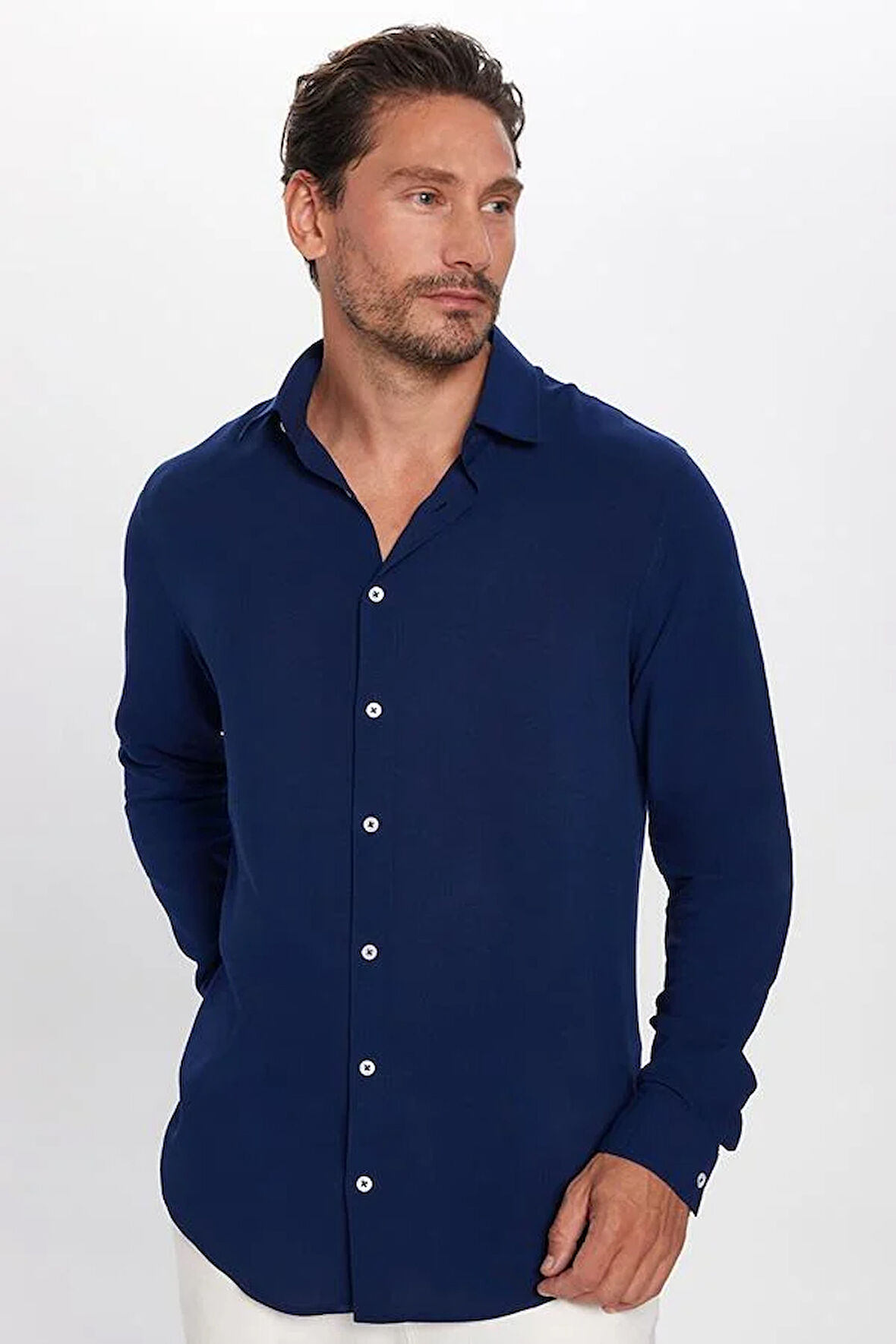 Slim Fit Uzun Kollu Dar Kesim Dökümlü Viskon Şık Lacivert Erkek Gömlek