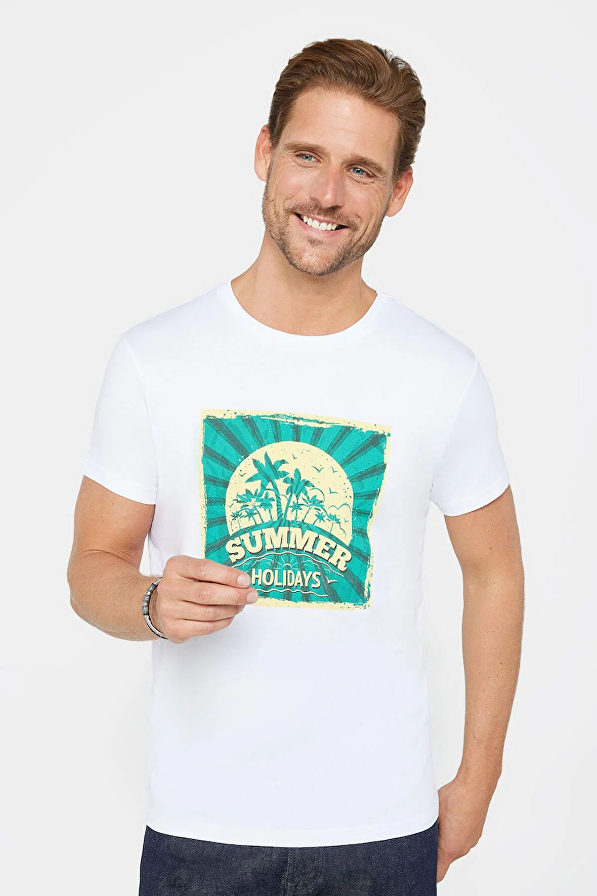 Erkek Slim Fit Dar Kesim %100 Pamuk Yumuşak Dokulu Baskılı Beyaz Bisiklet Yaka Tişört