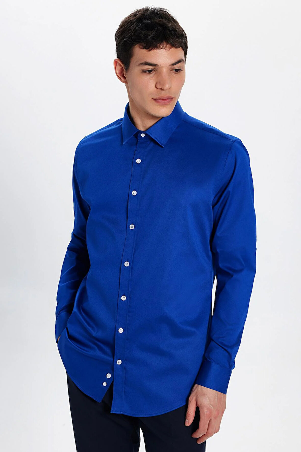 Erkek Slim Fit Dar Kesim Uzun Kollu Pamuklu Premium Seri Cotton Likralı Saks Mavi Gömlek