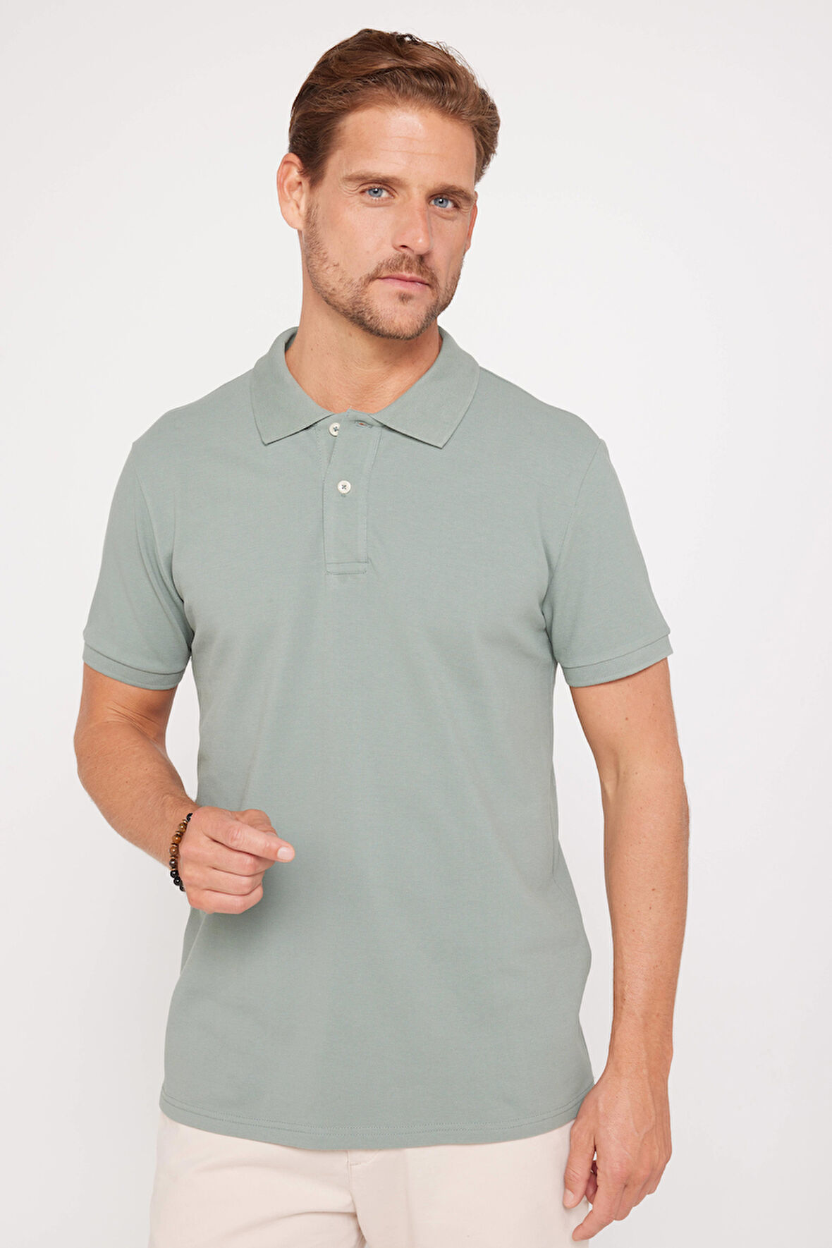 Erkek Slim Fit Dar Kesim %100 Pamuk Düz Pike Yeşil Polo Yaka Tişört