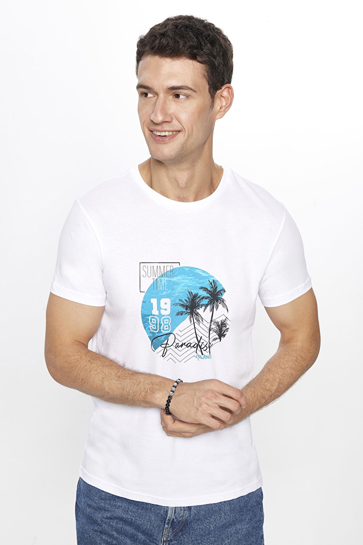 Erkek Slim Fit Dar Kesim %100 Pamuk Yumuşak Dokulu Baskılı Beyaz Bisiklet Yaka Tişört