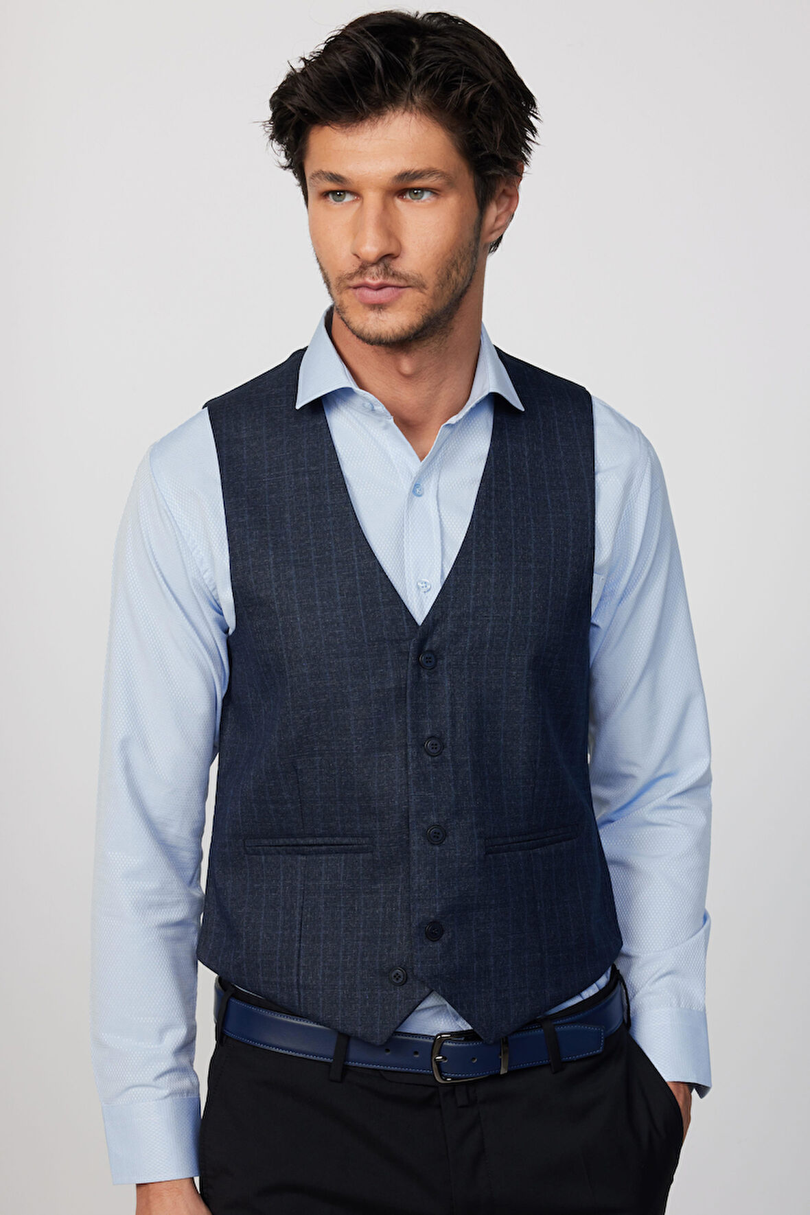 Slim Fit Dar Kesim Fleto Cep 4 Mevsim Çizgili Lacivert Erkek Yelek
