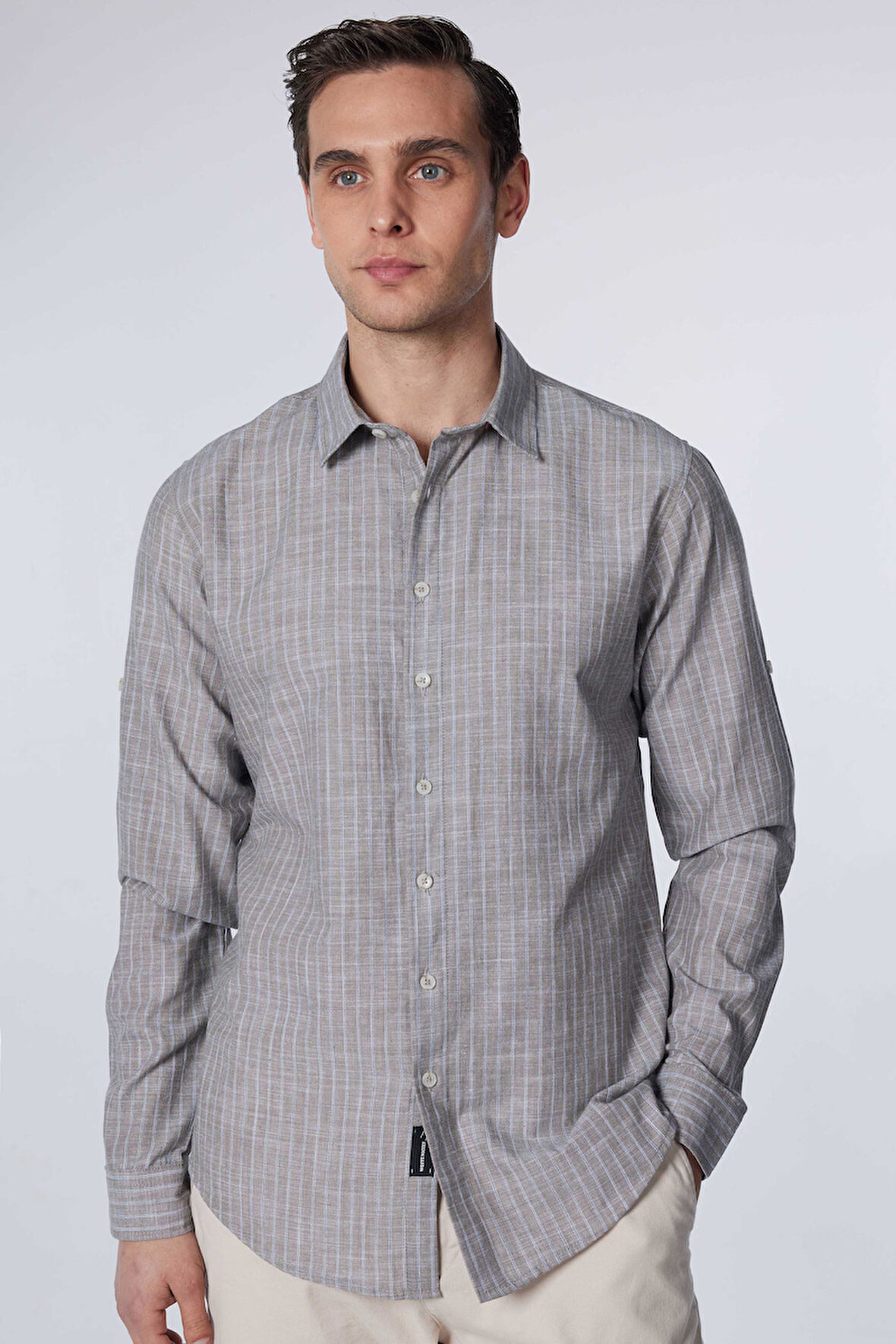 Erkek Slim Fit Dar Kesim Uzun Kollu %100 Pamuk Keten Doku Çizgili Gömlek
