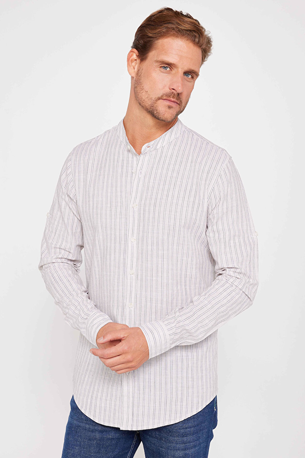 Erkek Slim Fit Dar Kesim Uzun Kollu %100 Pamuk Keten Doku Çizgili Hakim Yaka Gömlek