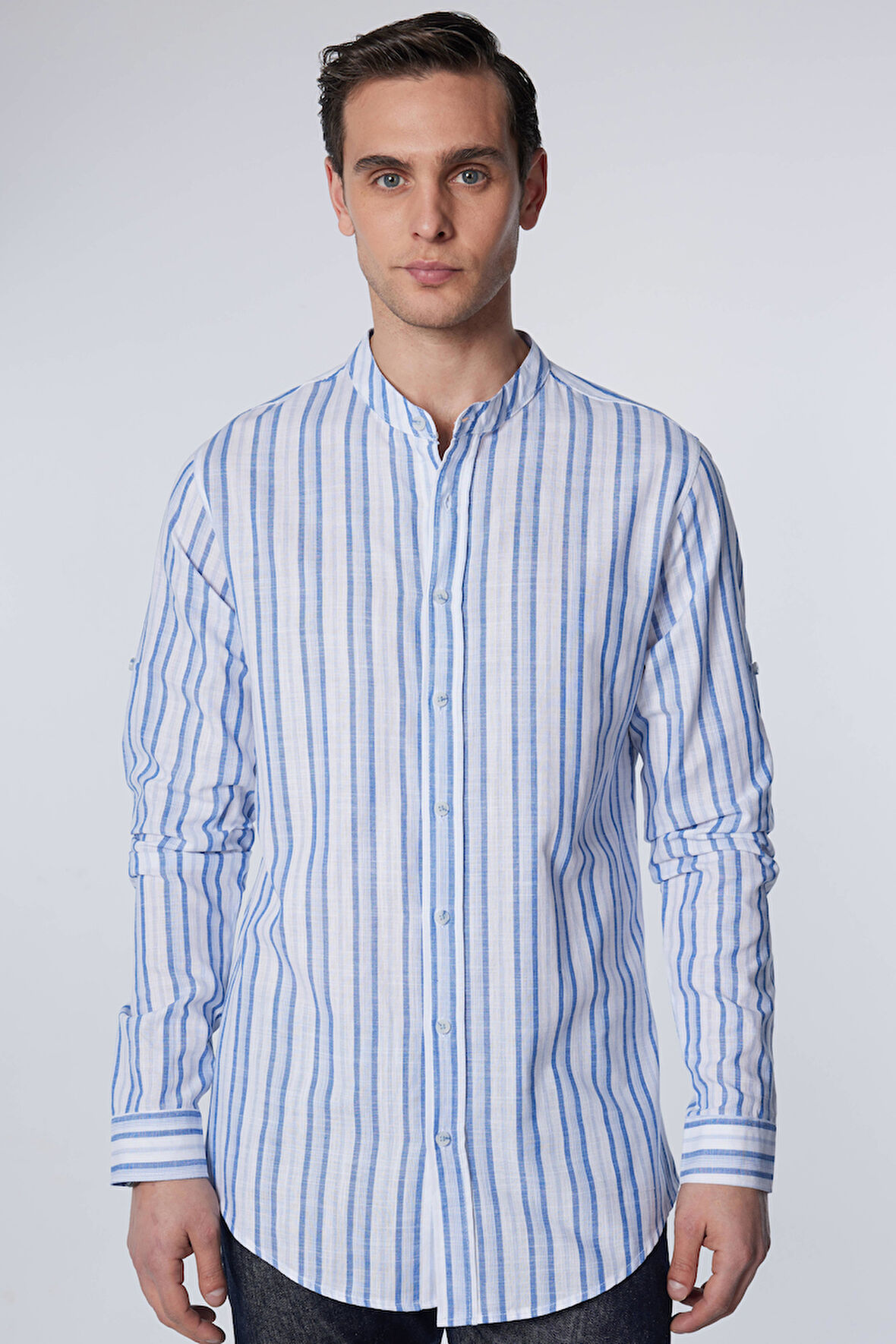 Erkek Slim Fit Dar Kesim Uzun Kollu %100 Pamuk Keten Doku Çizgili Hakim Yaka Gömlek