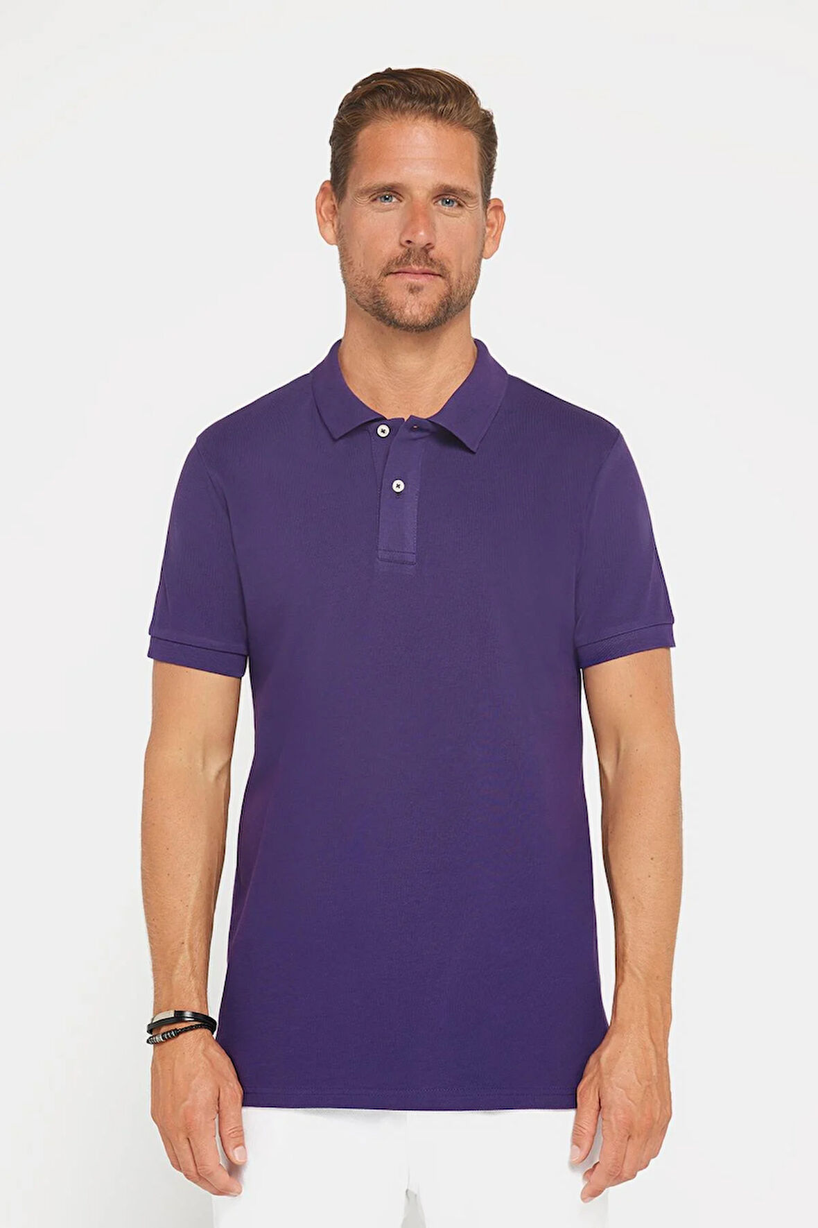 Erkek Slim Fit Dar Kesim %100 Pamuk Düz Pike Mor Polo Yaka Tişört