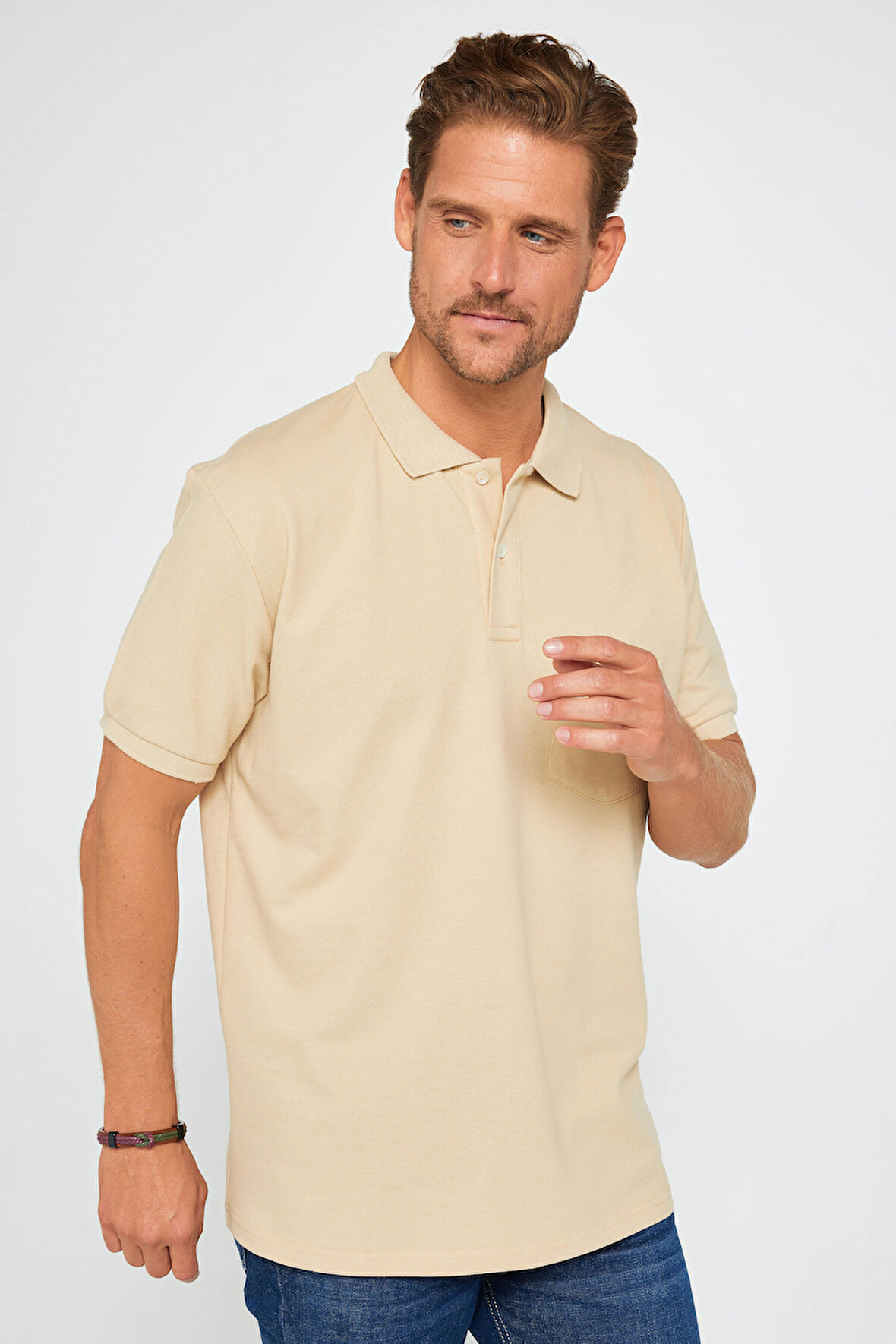 Erkek Regular Fit Klasik Kesim %100 Pamuk Düz Pike Krem Polo Yaka Tişört