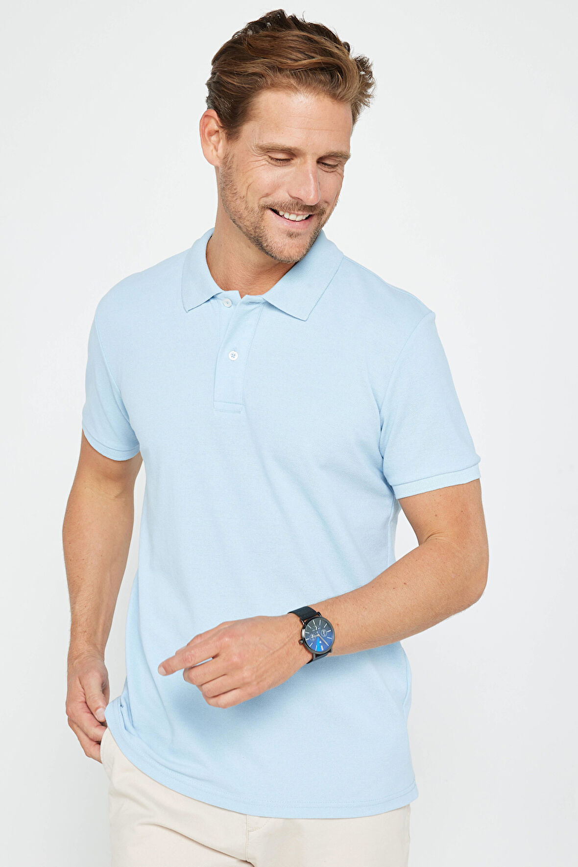 Erkek Slim Fit Dar Kesim Pamuklu Yumuşak Dokulu Serin Tutan Kumaş Düz Pike Mavi Polo Yaka Tişört