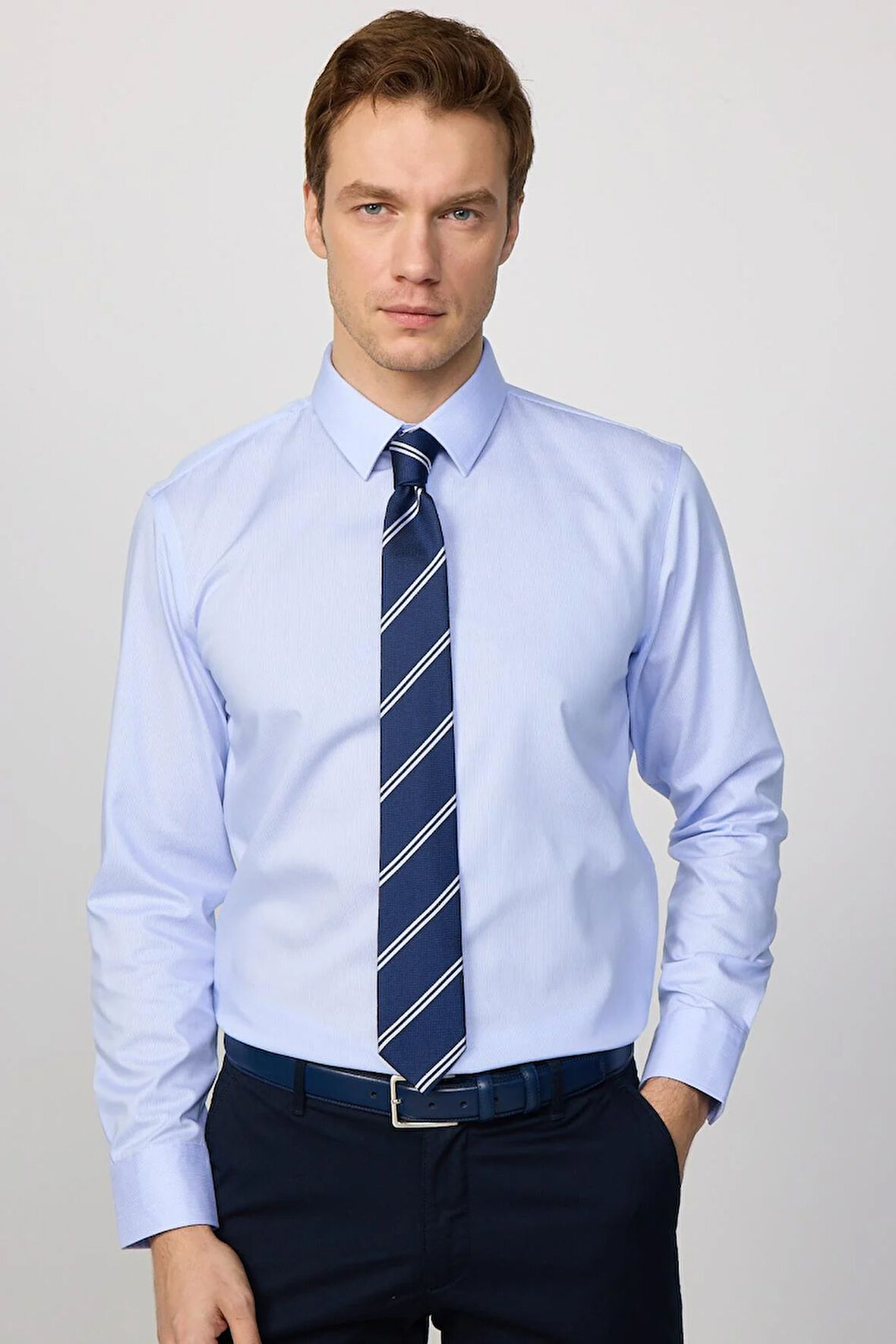 Slim Fit Mavi Non-Iron %100 Pamuk Doğa Dostu Ekoteks Belgeli Ütü Gerektirmez Gömlek