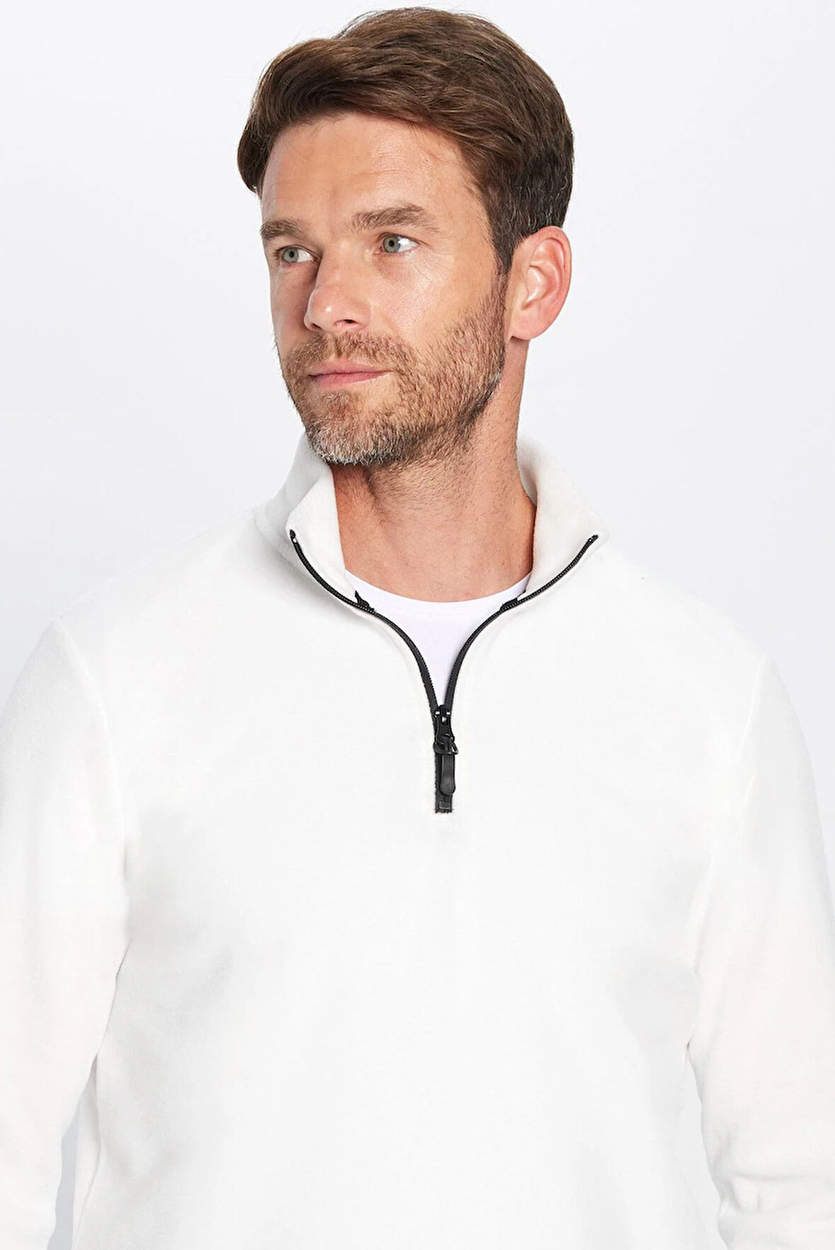 Unisex Standart Fit Anti-pilling Tüylenme Yapmayan Soğuk Geçirmez Ekru Dik Bato Yaka Polar Sweatshirt