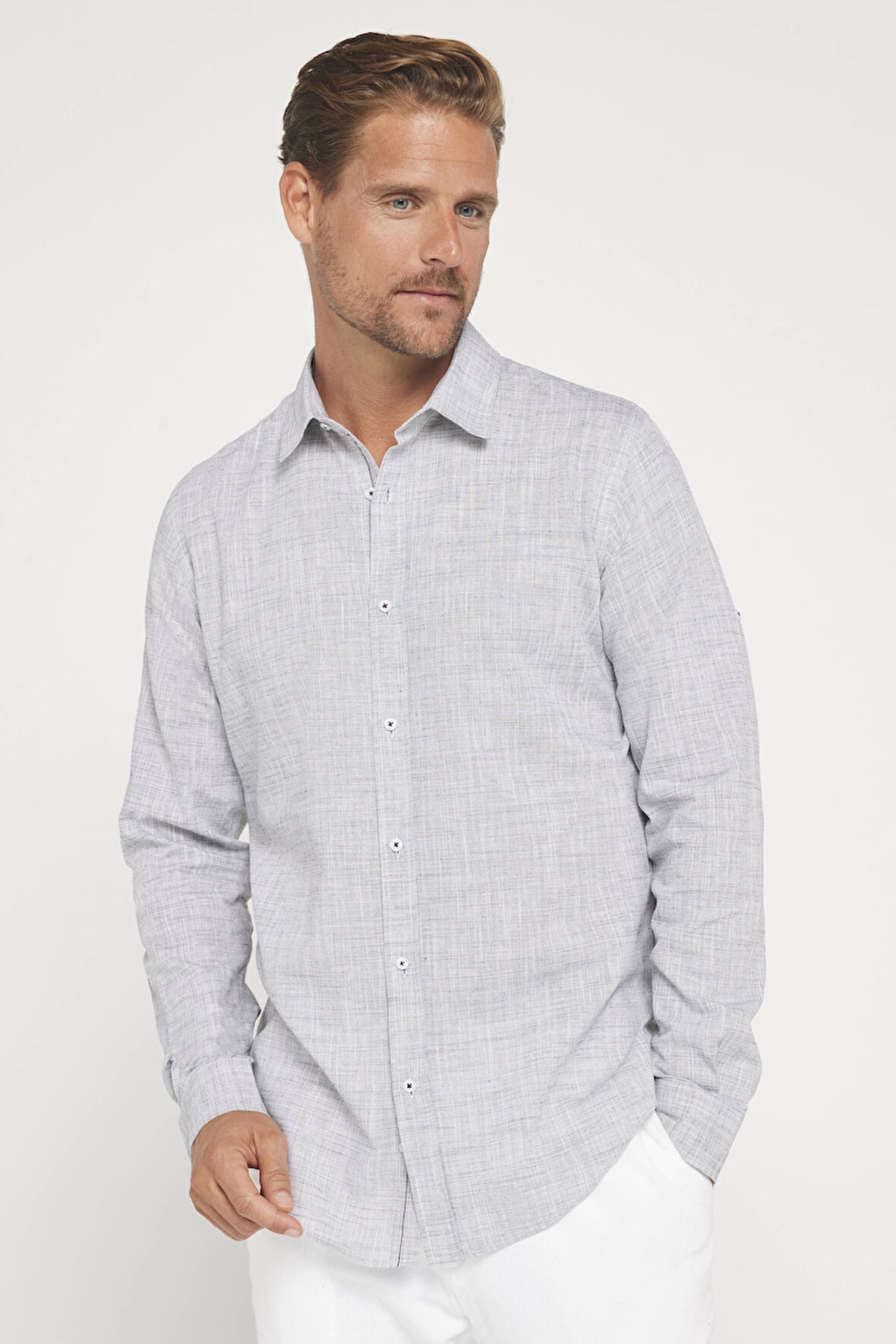 Erkek Slim Fit Dar Kesim Uzun Kollu %100 Pamuk Keten Doku Apoletli Gri Gömlek