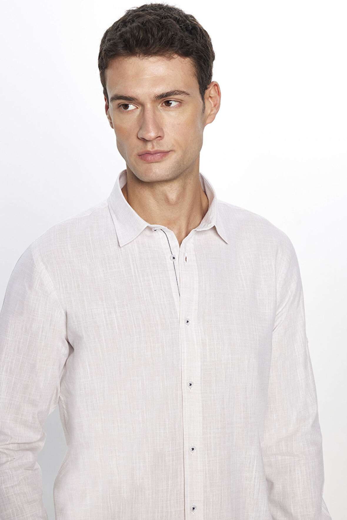 Erkek Slim Fit Dar Kesim Uzun Kollu %100 Pamuk Keten Doku Apoletli Taş Renk Gömlek