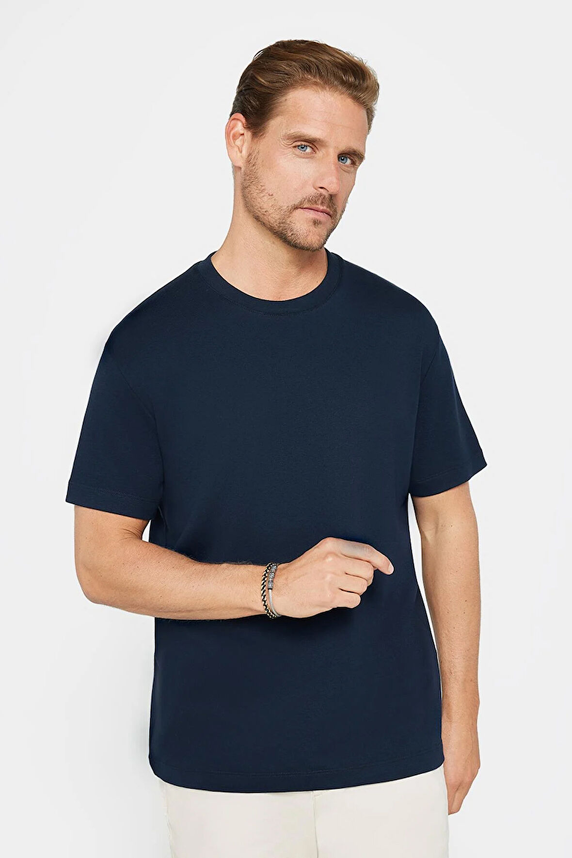 Unisex Relax Fit Rahat Kesim %100 Pamuk Yumuşak Dokulu Hafif Kalın Bisiklet Yaka Lacivert Tişört