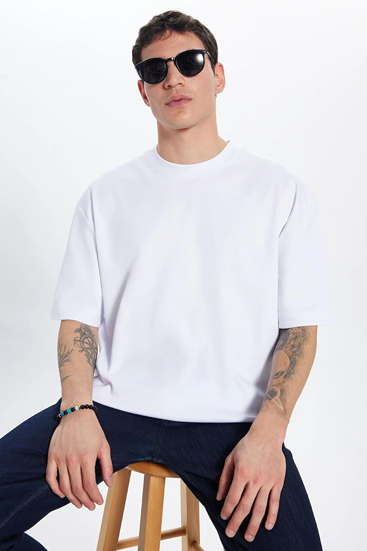Unisex Oversize Geniş Kesim %100 Pamuk Yumuşak Dokulu Basic Bisiklet Yaka Beyaz Tişört