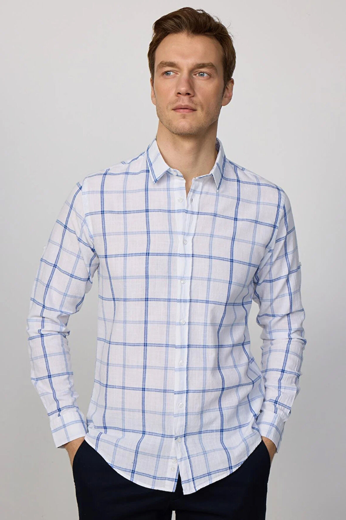 Erkek Slim Fit Dar Kesim Uzun Kollu %100 Pamuk Keten Doku Kareli Gömlek