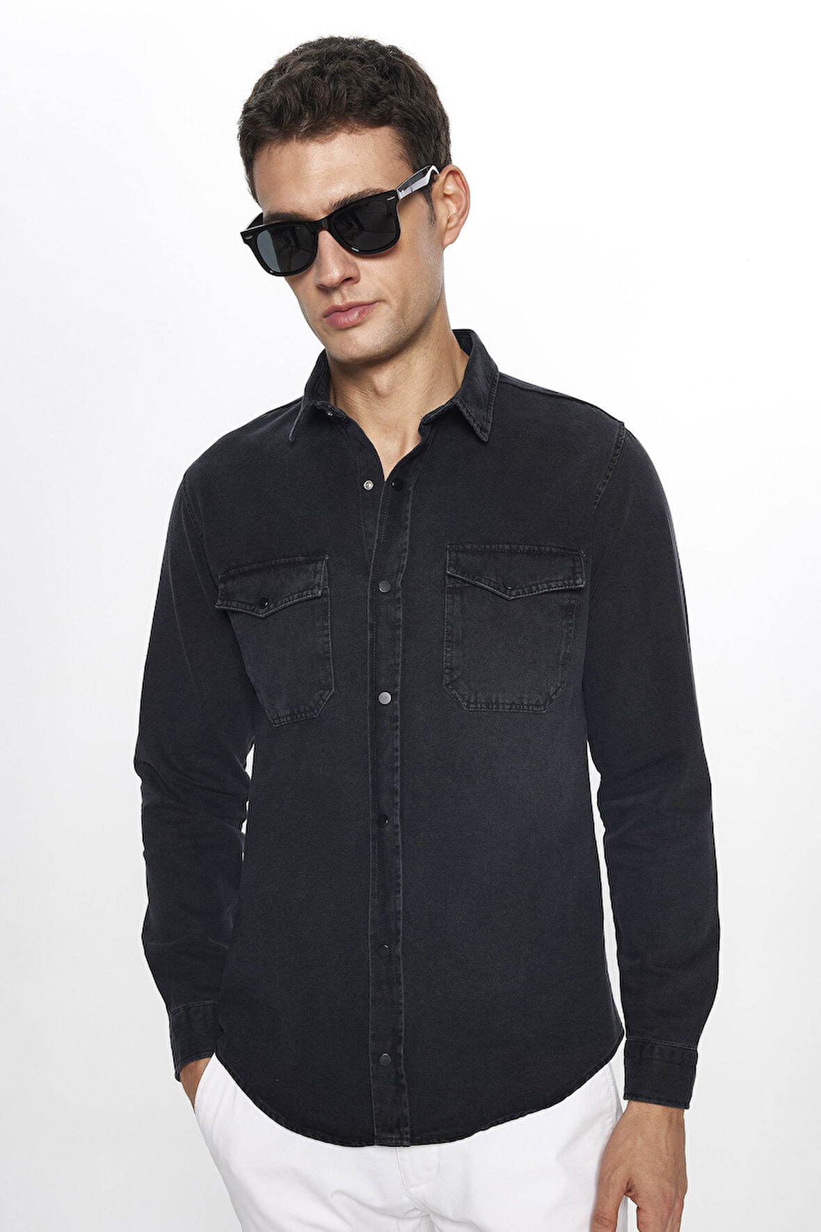 Erkek Slim Fit Dar Kesim Uzun Kollu Denim Kot Çift Cep Çıtçıtlı Siyah Gömlek