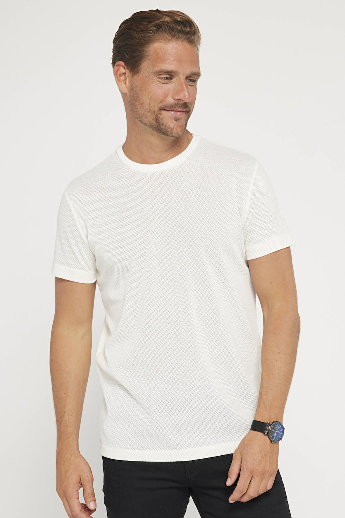 Erkek Slim Fit Dar Kesim Esnek Kumaş Örme Bisiklet Yaka Beyaz Tişört