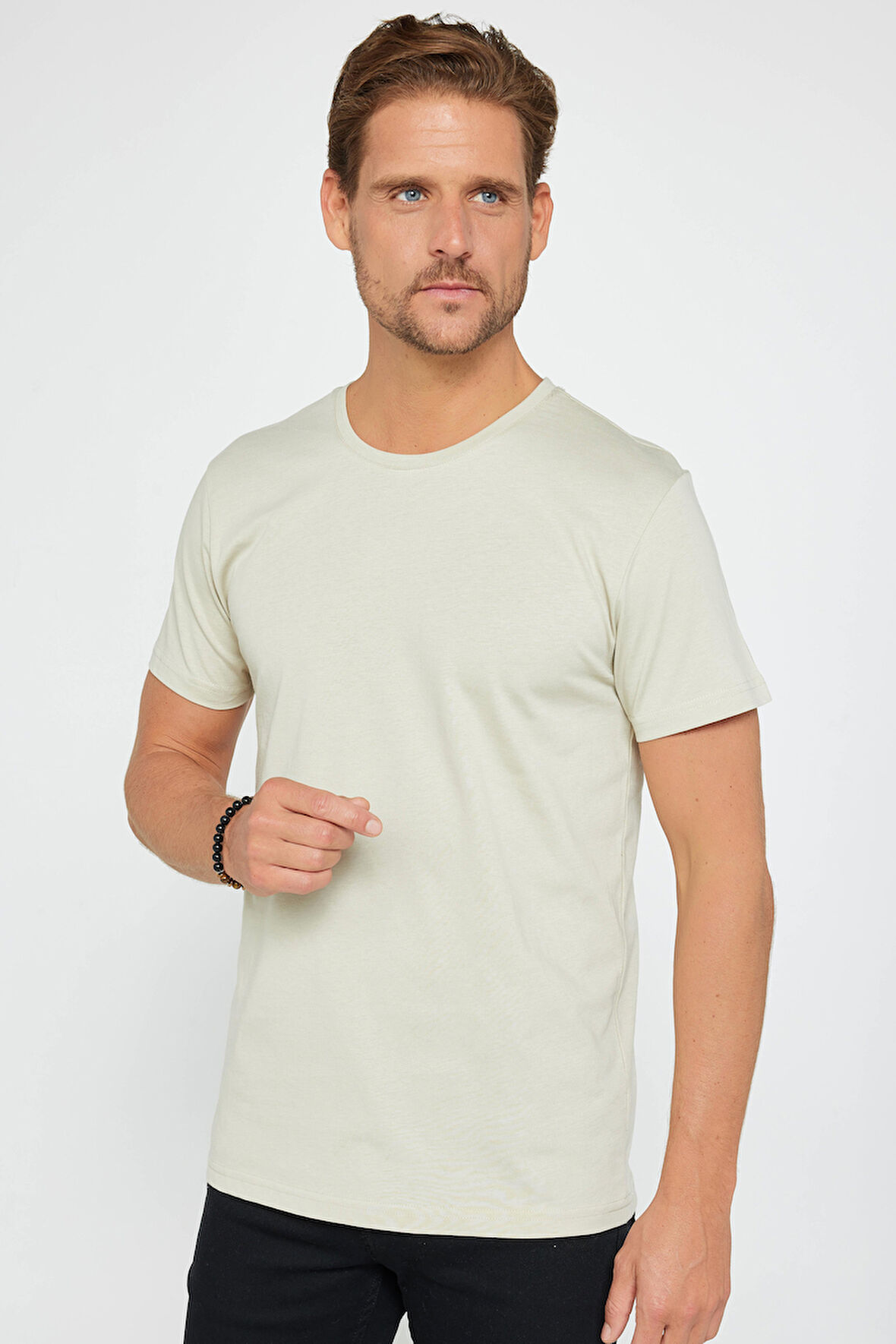 Unisex Slim Fit Dar Kesim %100 Pamuk Yumuşak Dokulu Taş Renk Bisiklet Yaka Tişört