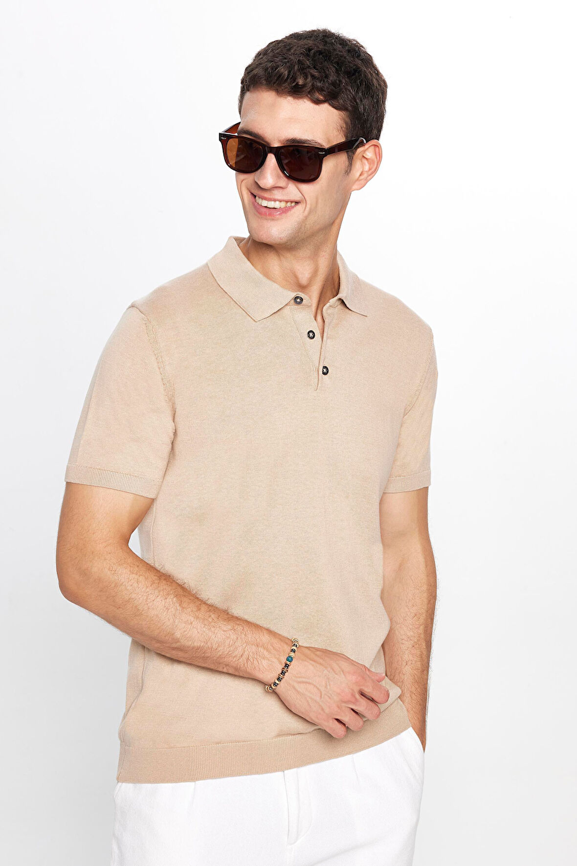 Erkek Slim Fit Dar Kesim Pamuklu Örme Triko Taş Polo Yaka Tişört