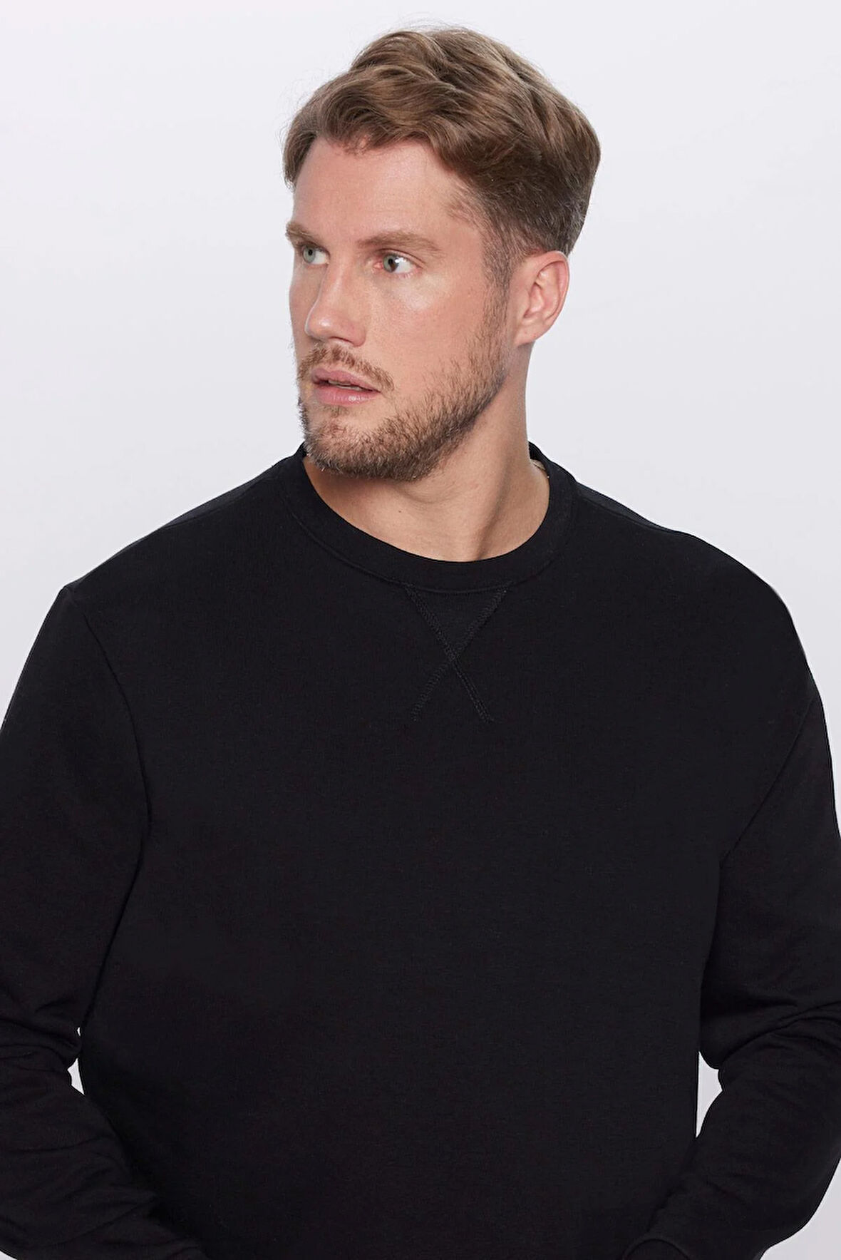 Unisex Oversize Geniş Kesim Pamuklu Basic Siyah Bisiklet Yaka Sweatshirt