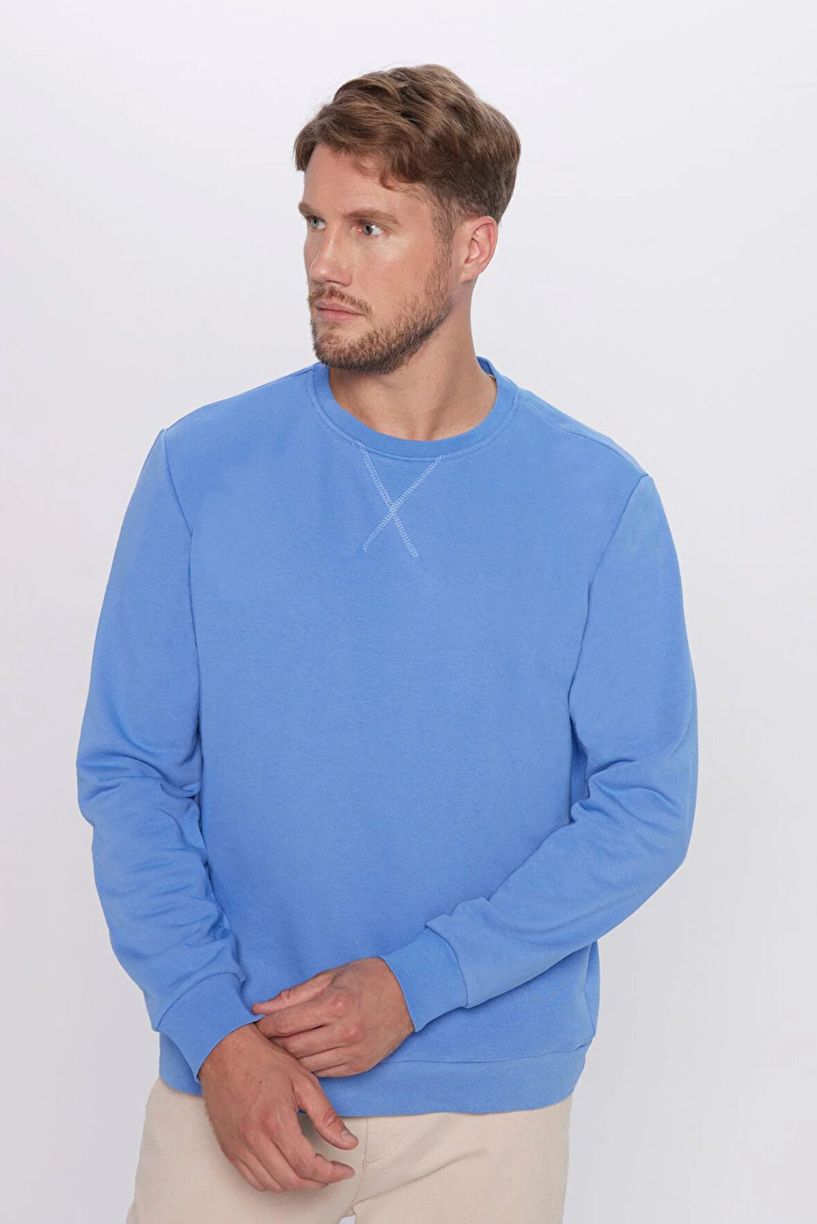 Unisex Oversize Geniş Kesim Pamuklu Basic İndigo Renk Bisiklet Yaka Sweatshirt