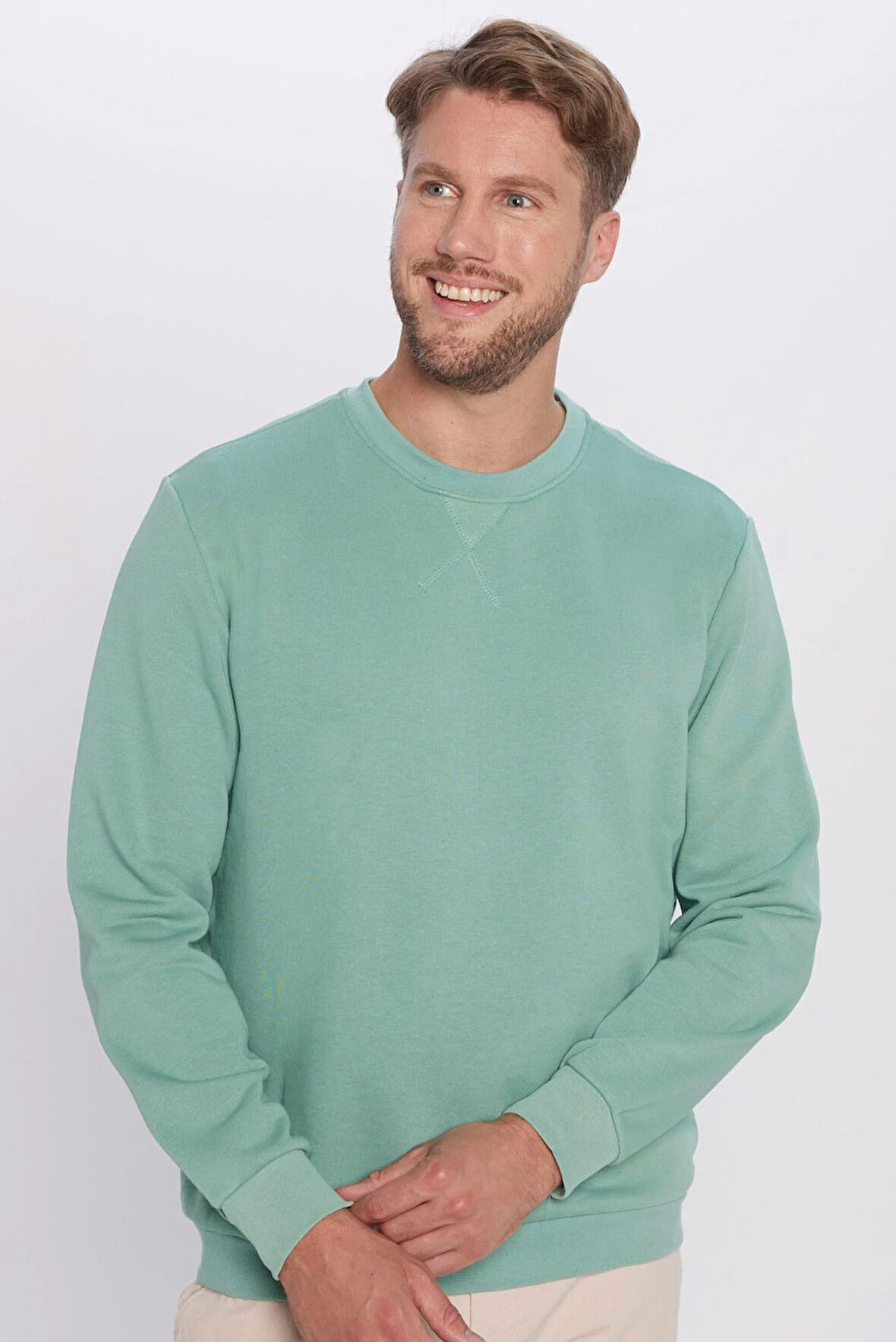 Unisex Oversize Geniş Kesim Pamuklu Basic Yeşil Bisiklet Yaka Sweatshirt