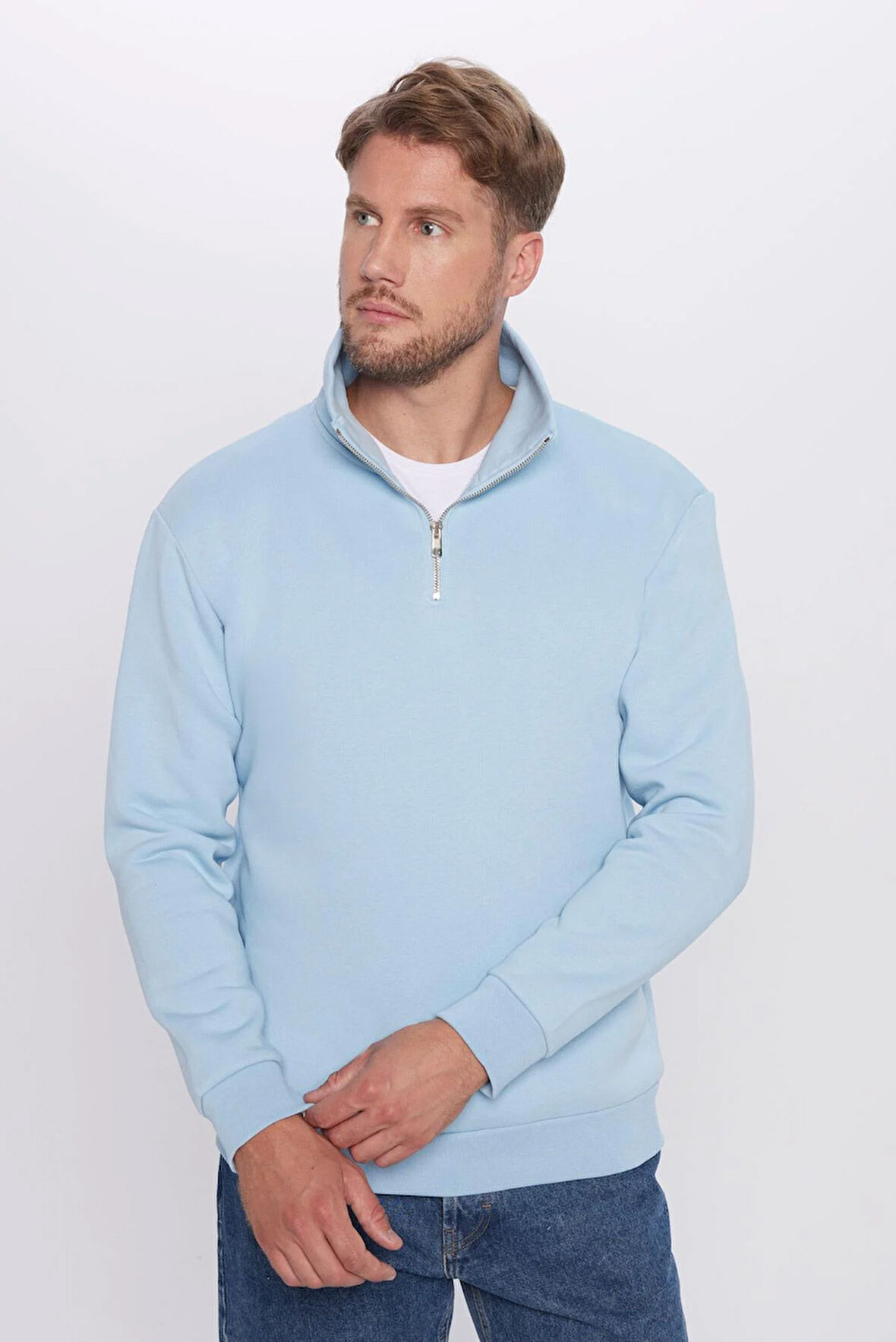 Unisex Relax Fit Rahat Kesim Pamuklu İçi Polarlı Yarım Fermuarlı Mavi Dik Yaka Sweatshirt