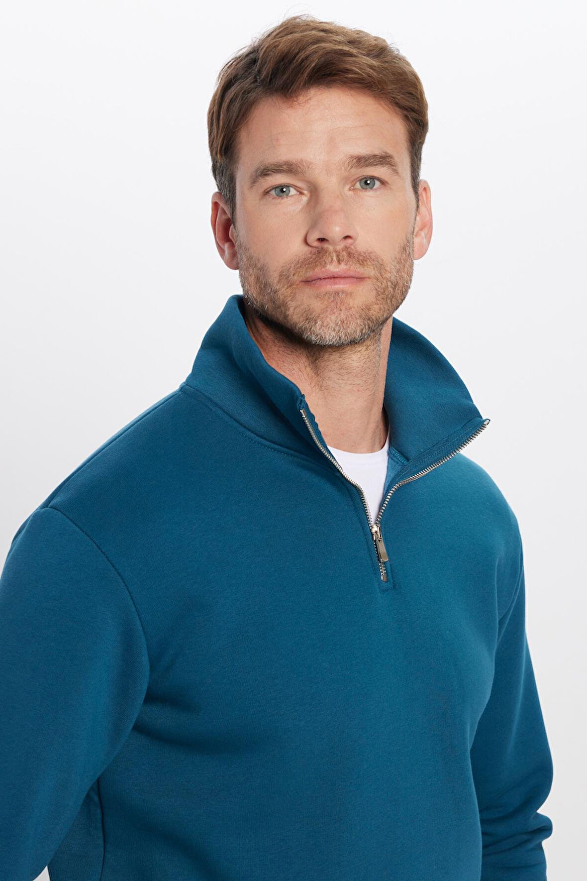 Unisex Relax Fit Rahat Kesim Pamuklu İçi Polarlı Yarım Fermuarlı İndigo Dik Yaka Sweatshirt