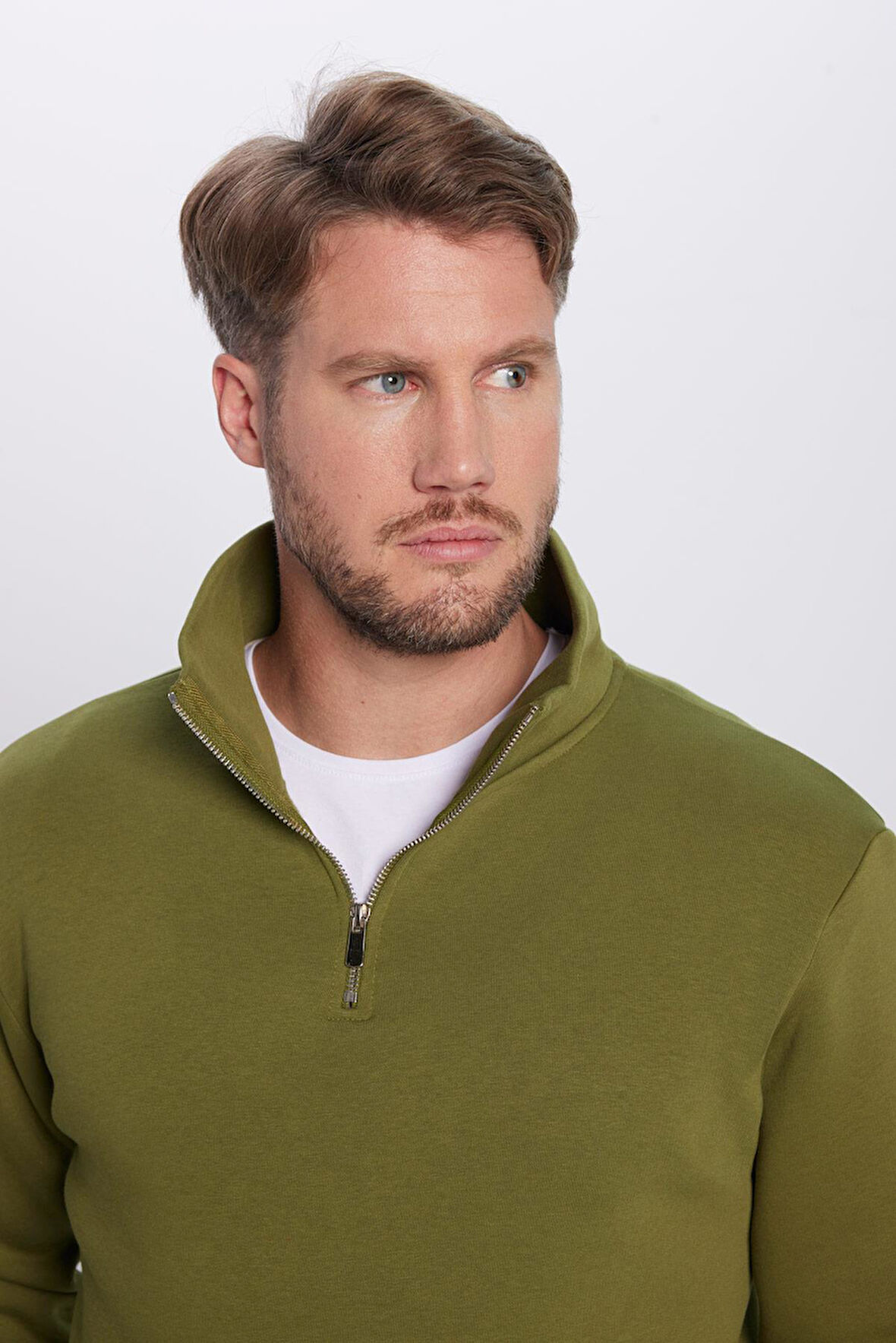 Unisex Relax Fit Rahat Kesim Pamuklu İçi Polarlı Yarım Fermuarlı Haki Dik Yaka Sweatshirt