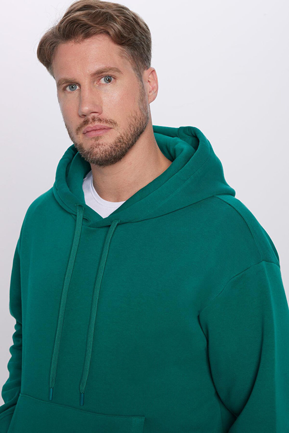 Unisex Oversize Geniş Kesim Pamuklu Yumuşak Dokulu İçi Polarlı Basic Yeşil Kapüşonlu Sweatshirt
