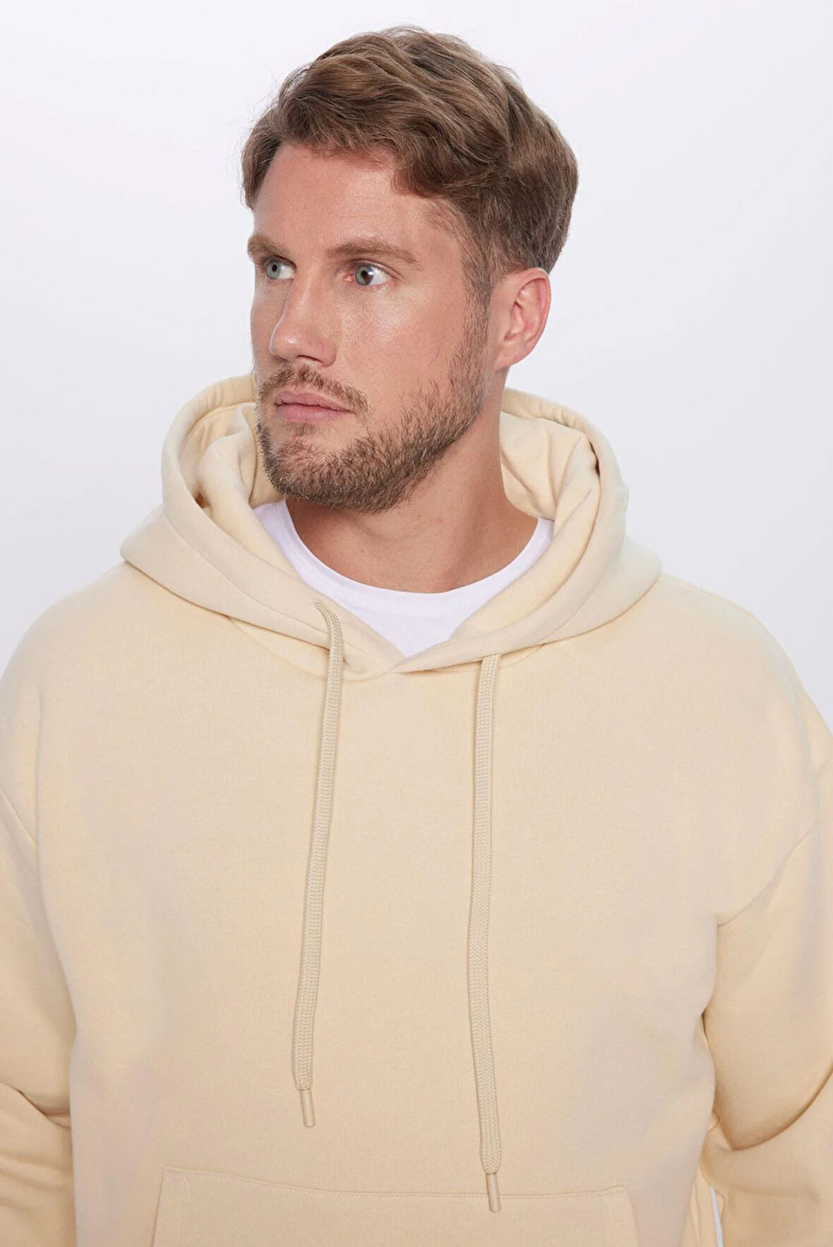 Unisex Oversize Geniş Kesim Pamuklu Yumuşak Dokulu İçi Polarlı Basic Bej Kapüşonlu Sweatshirt