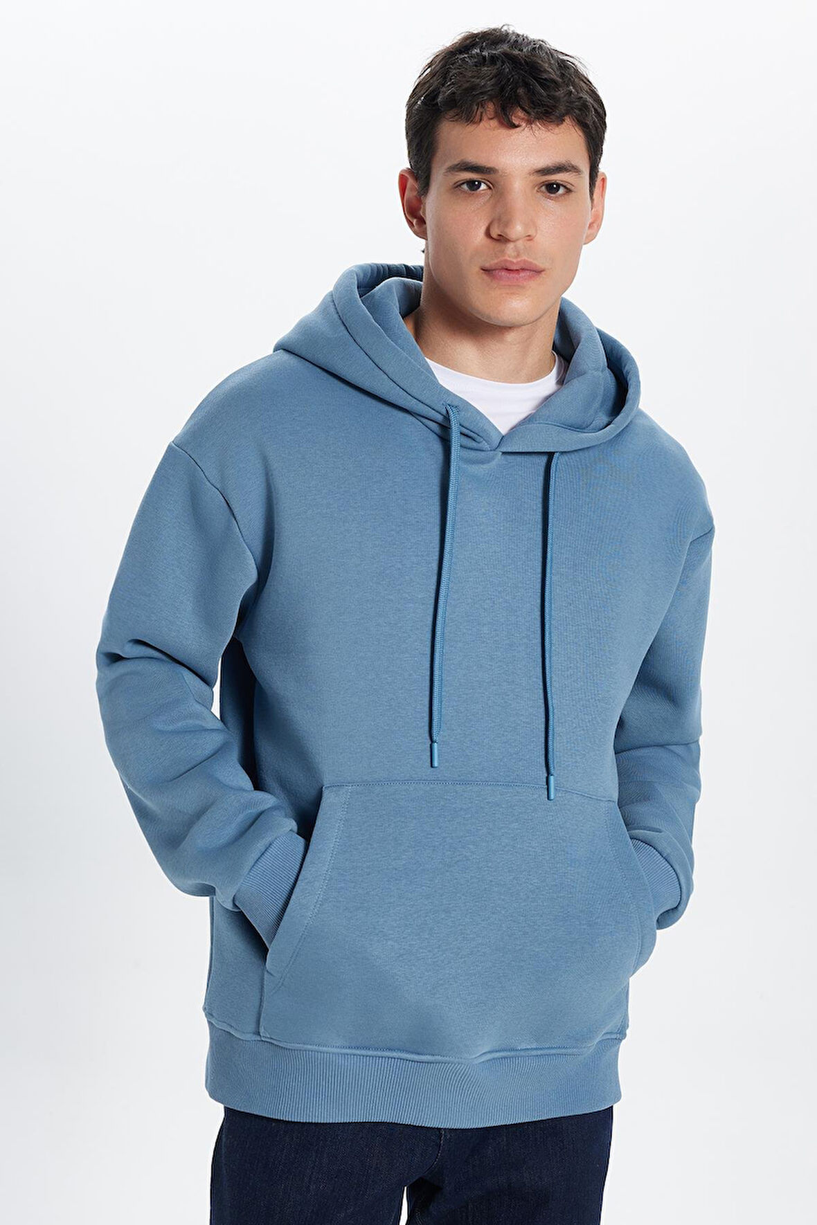 Unisex Oversize Geniş Kesim Pamuklu Yumuşak Dokulu İçi Polarlı Basic İndigo Kapüşonlu Sweatshirt