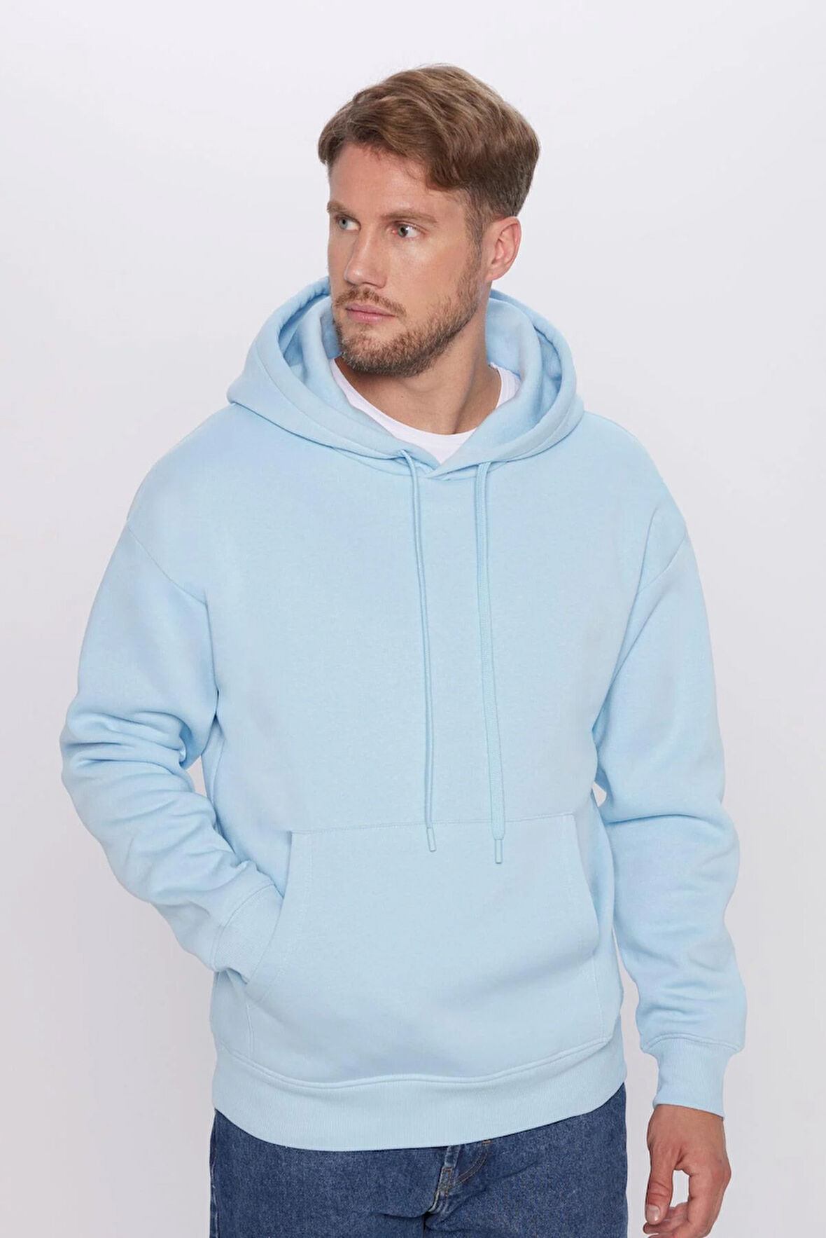 Unisex Oversize Geniş Kesim Pamuklu Yumuşak Dokulu İçi Polarlı Basic Mavi Kapüşonlu Sweatshirt