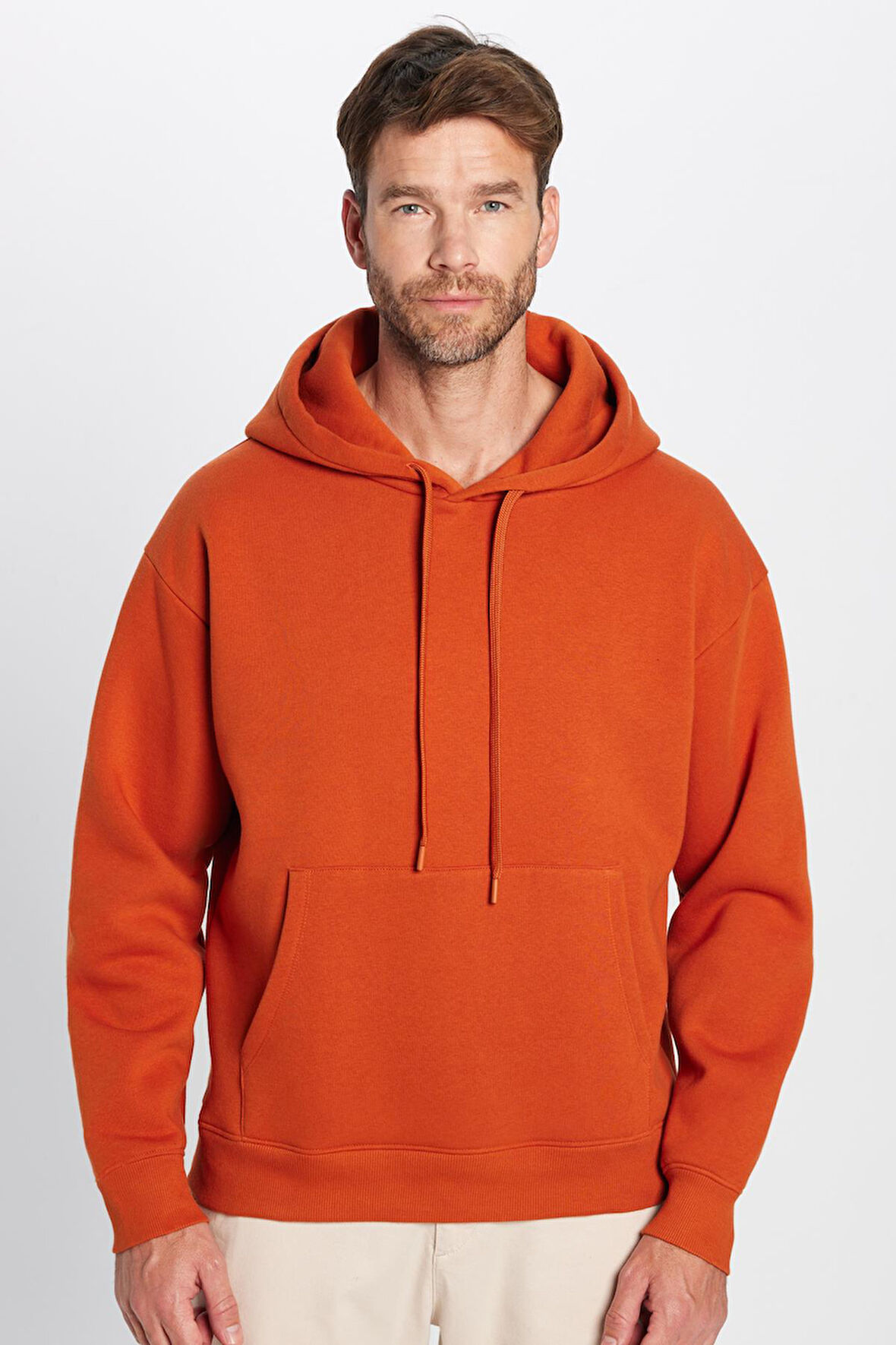 Unisex Oversize Geniş Kesim Pamuklu Yumuşak Dokulu Basic Kiremit Renk Kapüşonlu Sweatshirt